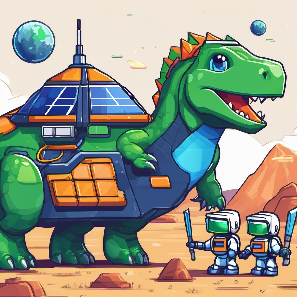 Friendly green dinosaur with a blue spaceship hat and friends attaching solar panels to the spaceship