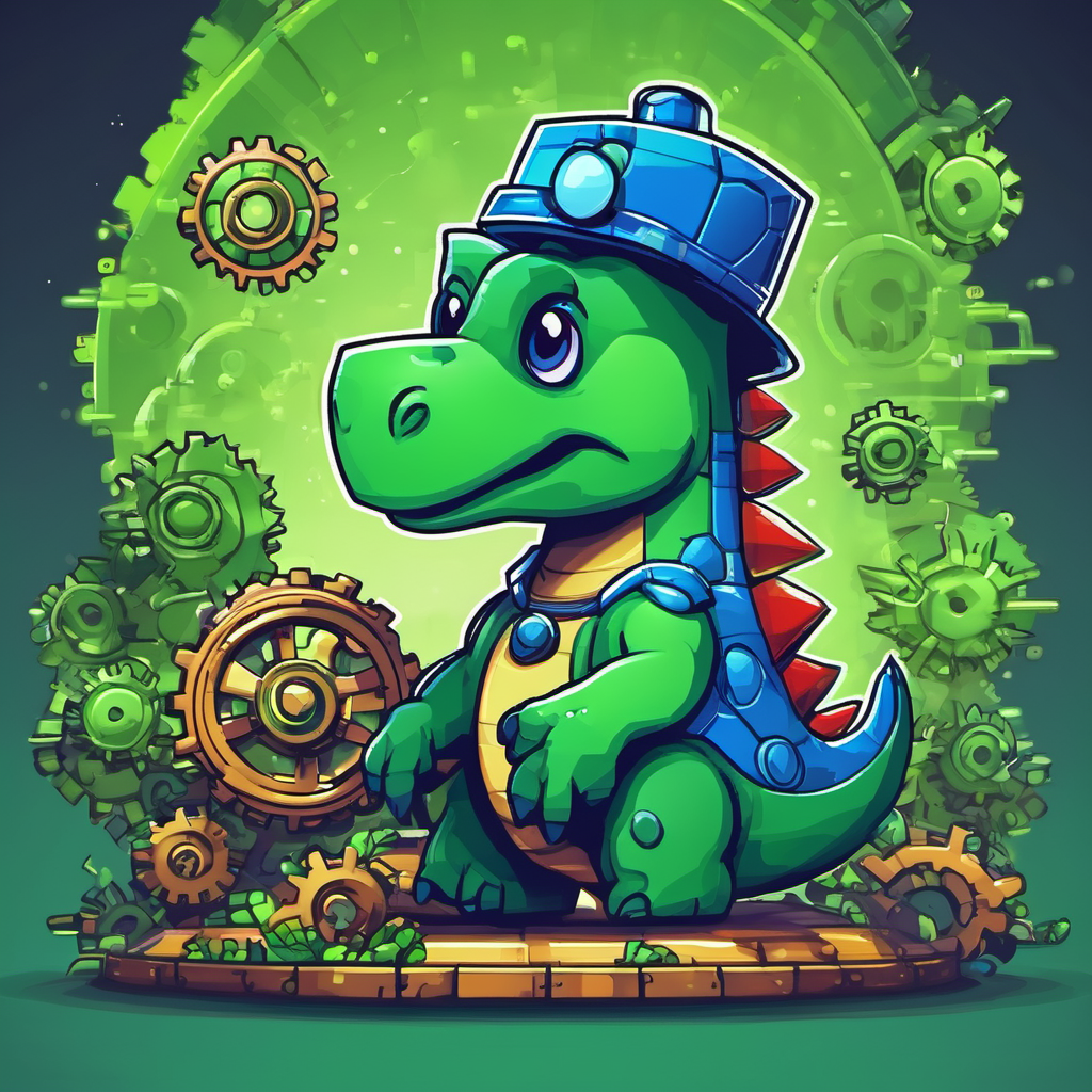 Friendly green dinosaur with a blue spaceship hat with a thinking expression surrounded by gears