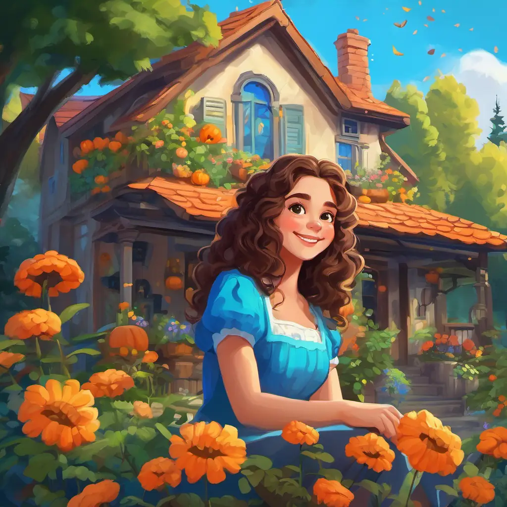 Curly brown hair, bright blue eyes, cheerful girl was a cheerful girl with curly brown hair and bright blue eyes. She lived in a cozy house with a big garden filled with colorful flowers and tall trees.