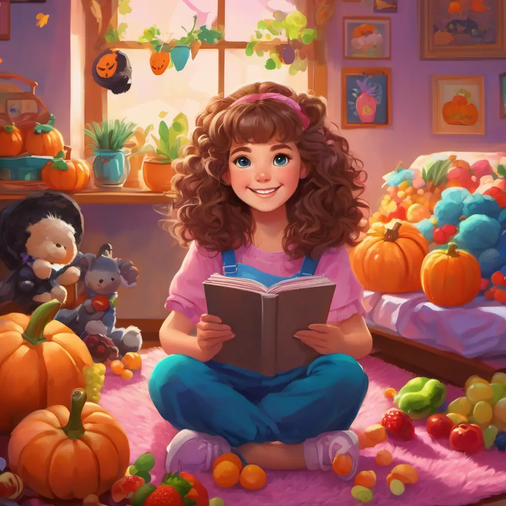 Inside Curly brown hair, bright blue eyes, cheerful girl's bedroom, with her toys sitting in a circle on her fluffy pink rug, Curly brown hair, bright blue eyes, cheerful girl smiled and held up a colorful chart showing fruits, vegetables, grains, protein, and dairy products.