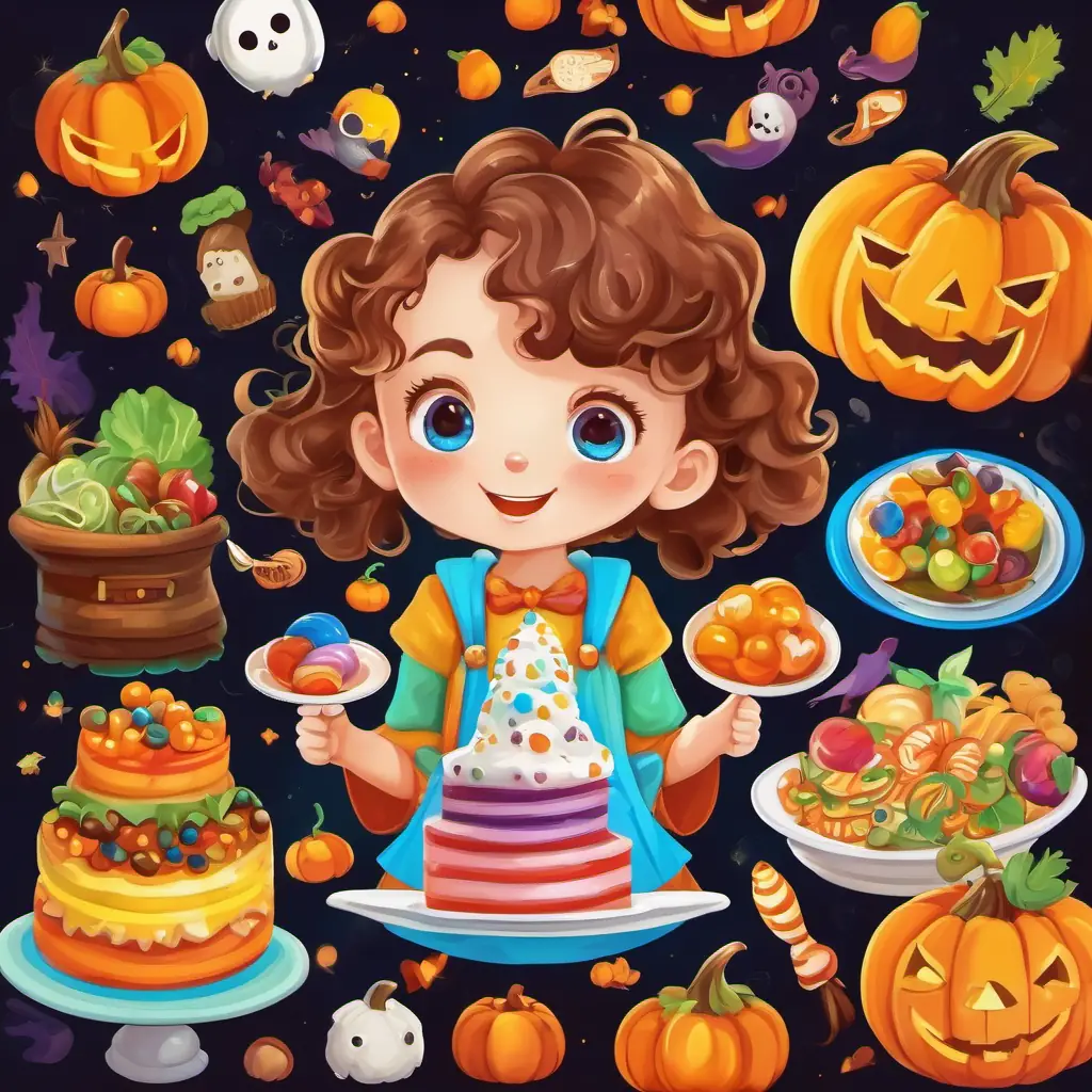 Curly brown hair, bright blue eyes, cheerful girl pointed at each section of the chart, showing her toys colorful pictures of delicious and healthy food.