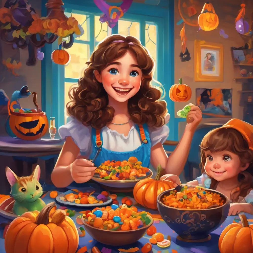 Curly brown hair, bright blue eyes, cheerful girl, with her toys surrounding her at the table, enjoyed a meal together. They smiled and giggled, their colorful toy world filled with laughter and joy.