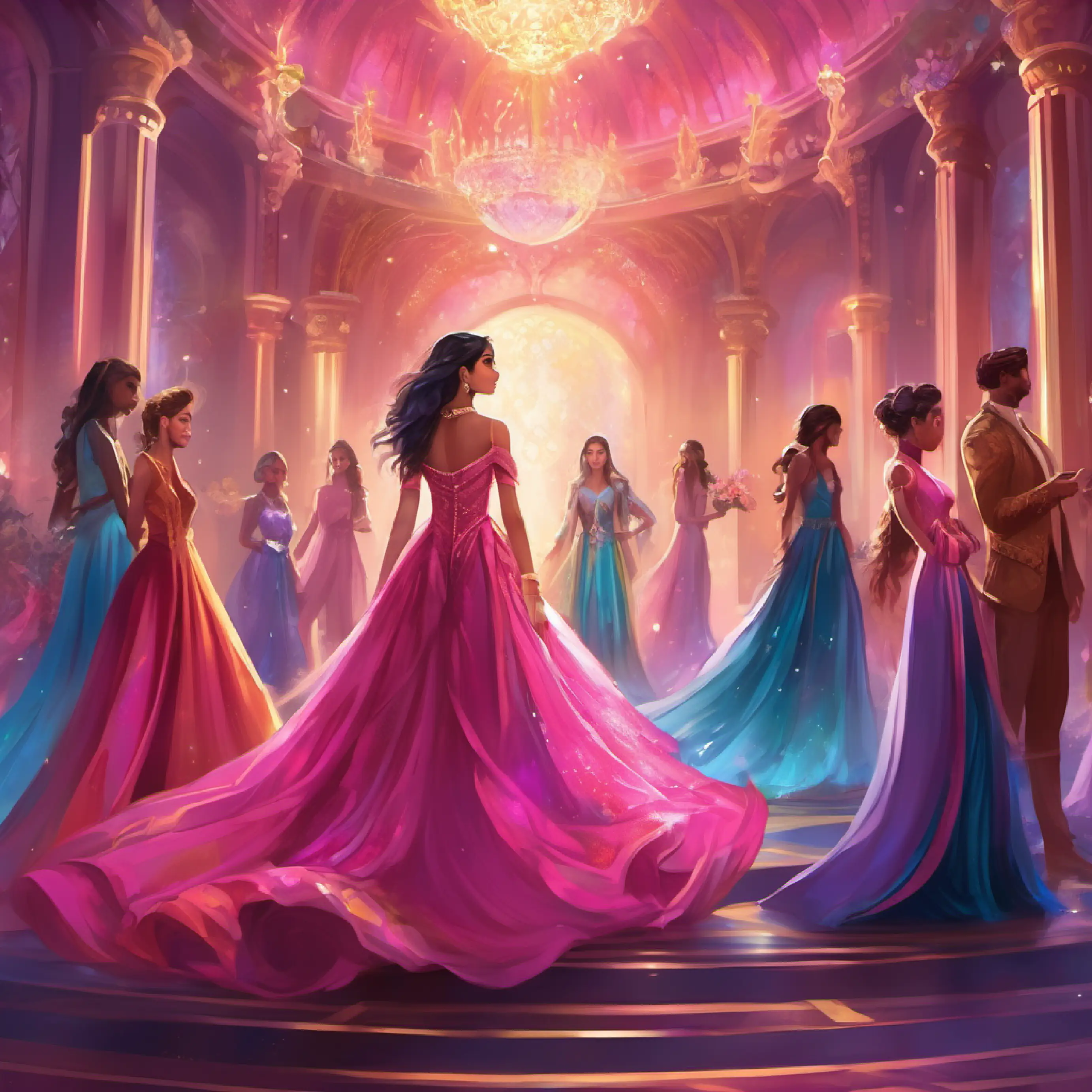 Riya in her dark pink gown with her multicolor friends in ballroom