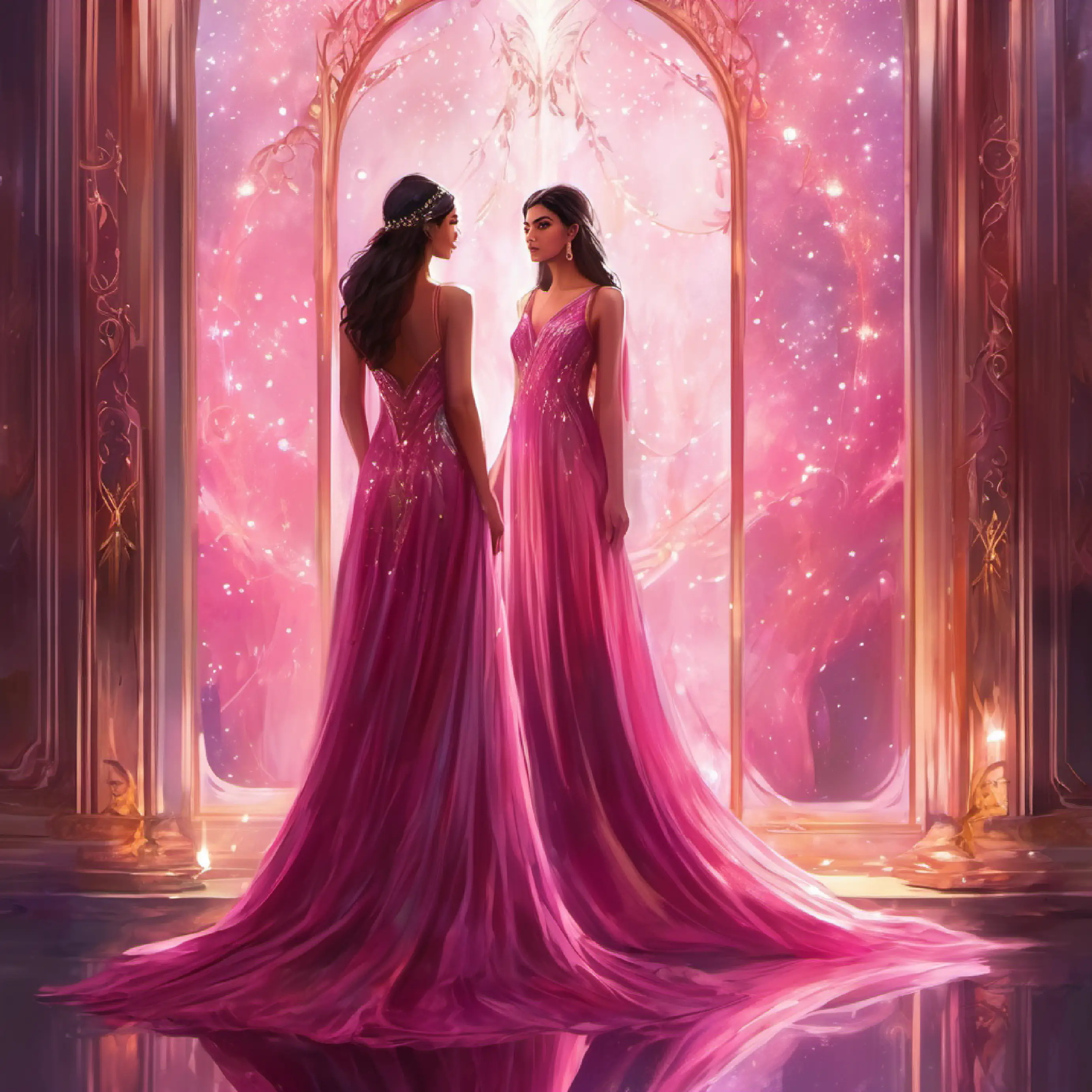 Riya admiring her dark pink shimmery gown very closely  in the mirror, reflecting on her choice.