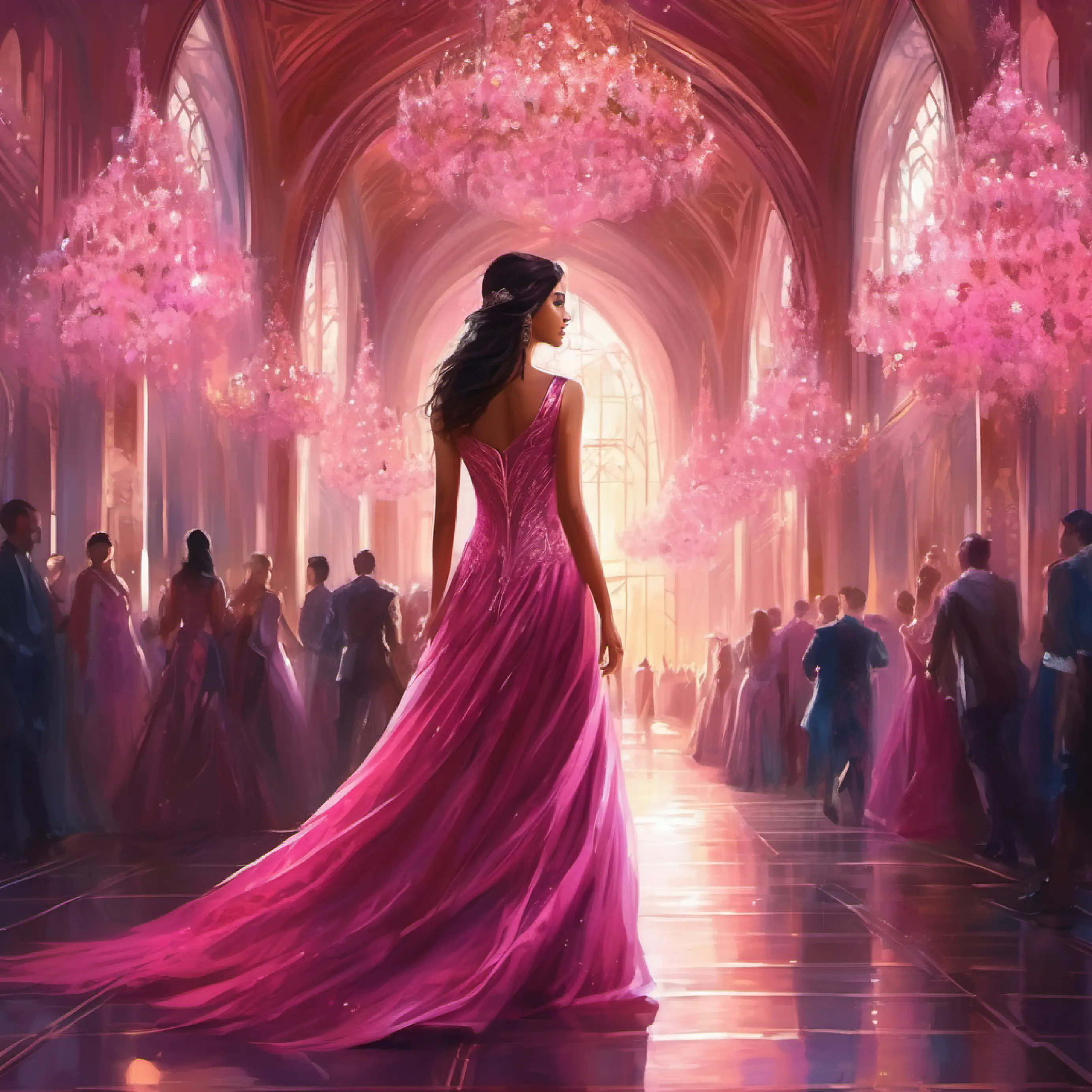 Riya in her dark pink shimmery gown walking towards Rohan in the ballroom.