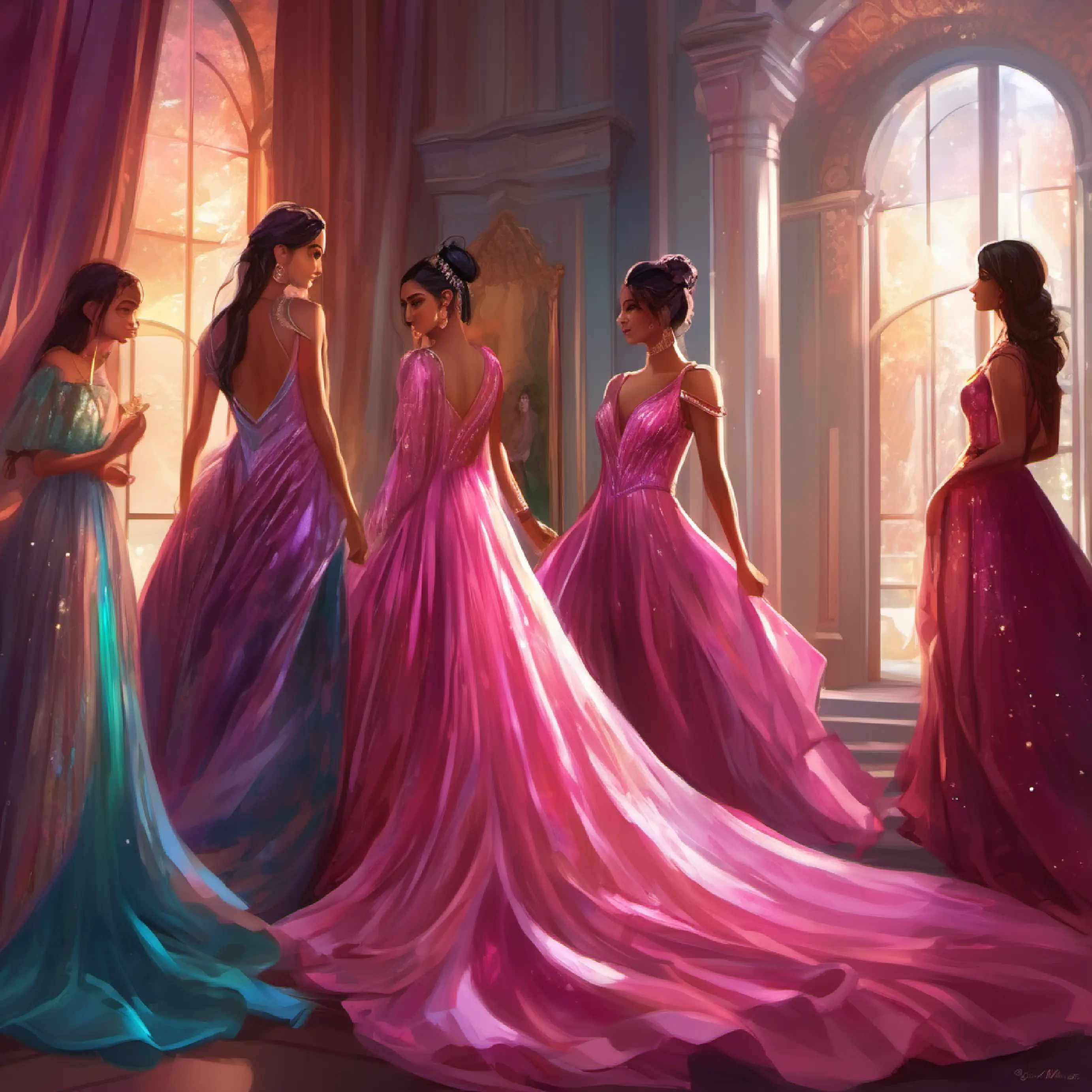 Riya admiring her dark pink shimmery gown, 5 multicolor gown girls her friends looking at her admiring her in her roomand ready to go to the ballroom
