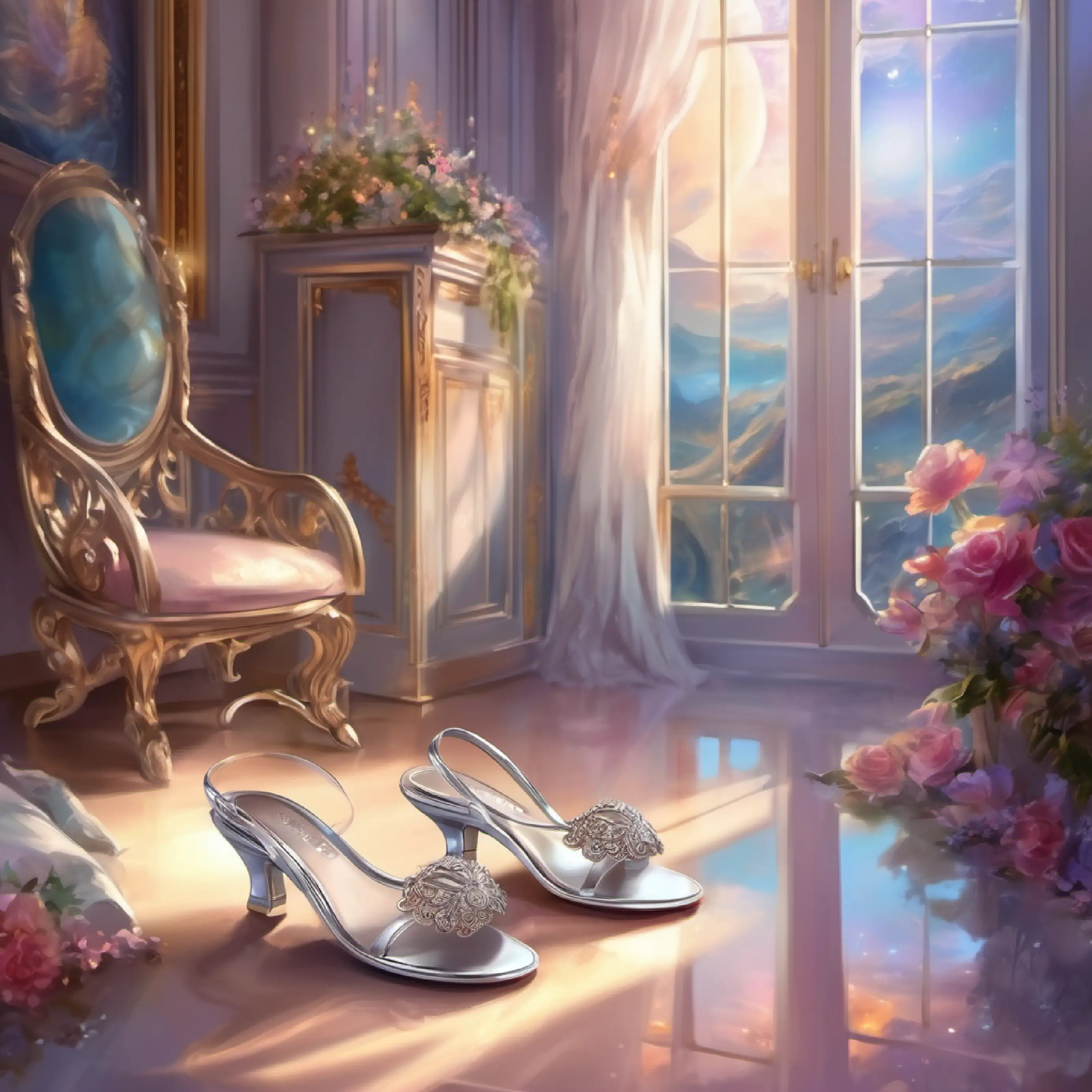 pair of low heel silver sandals  in Riya's room