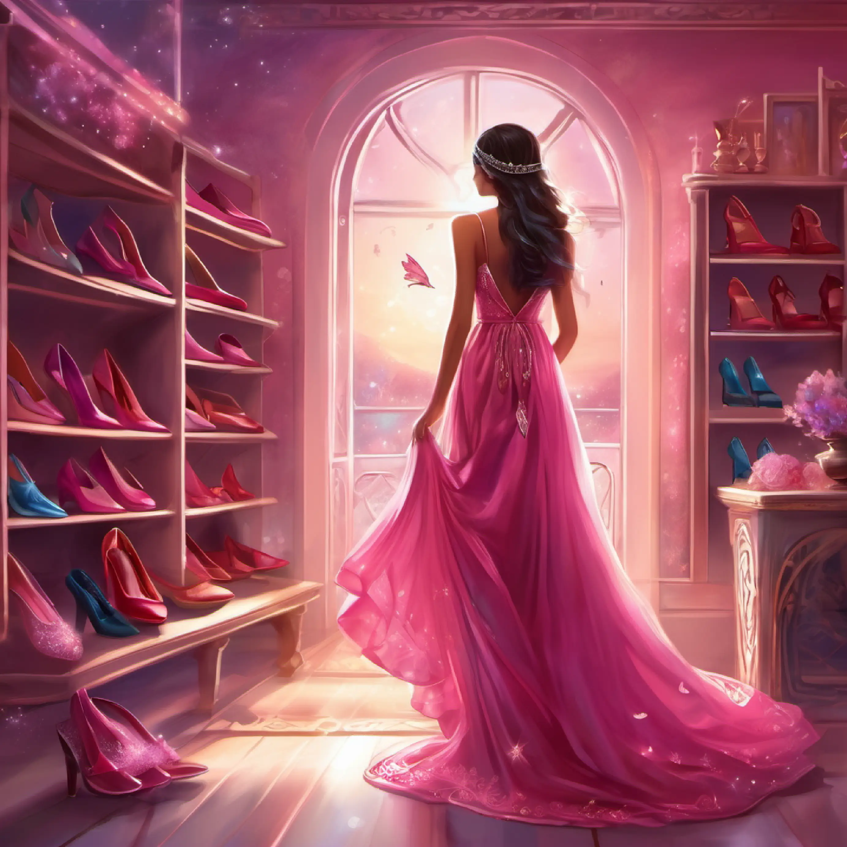 In Riya's room a beautiful collection of footwear and Riya in her dark pink shimmery gown picking up low heel open silver sandals