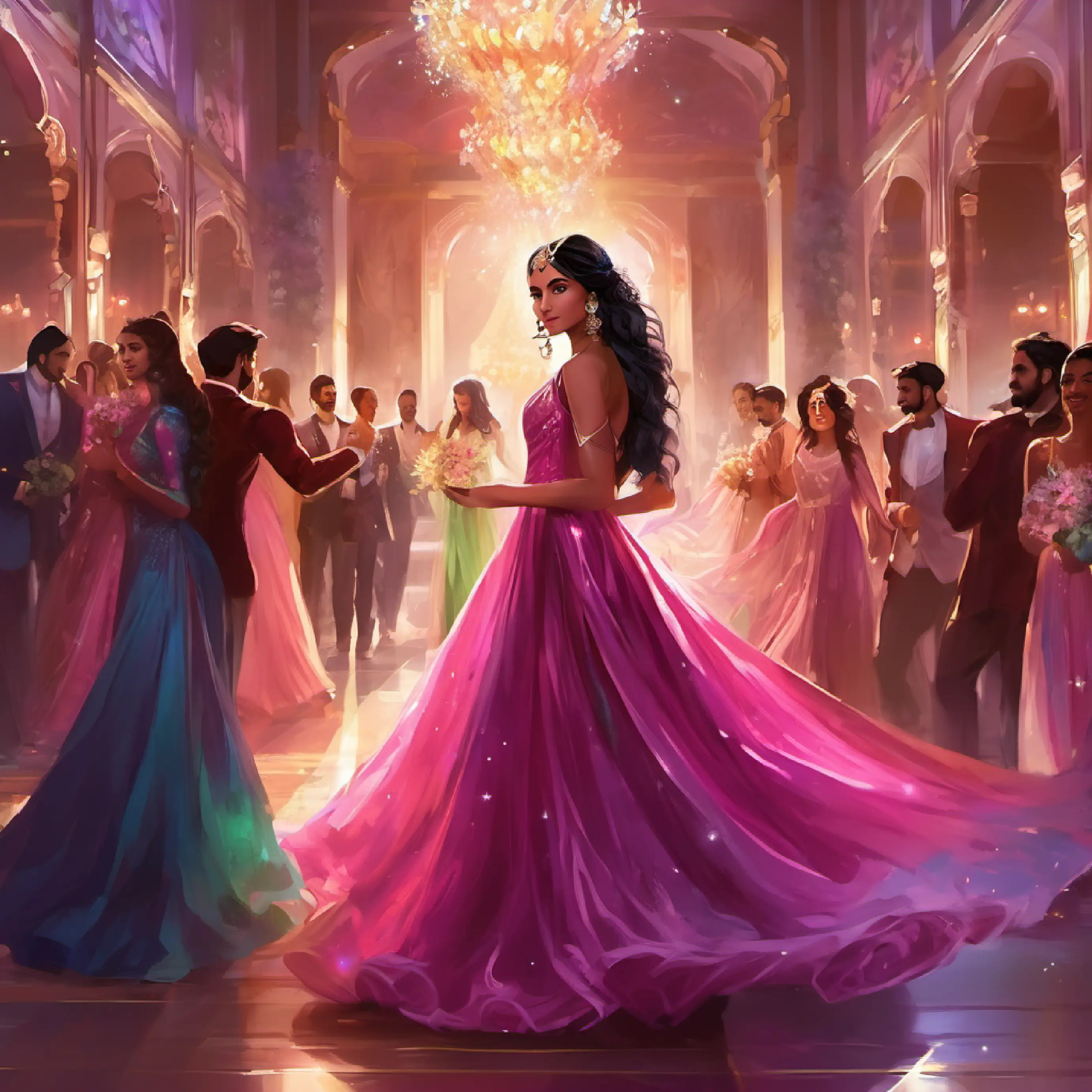 In the ballroom Rohan, Riya in her dark pink shimmery gown with multicolor gown friends posing for camera with crowd