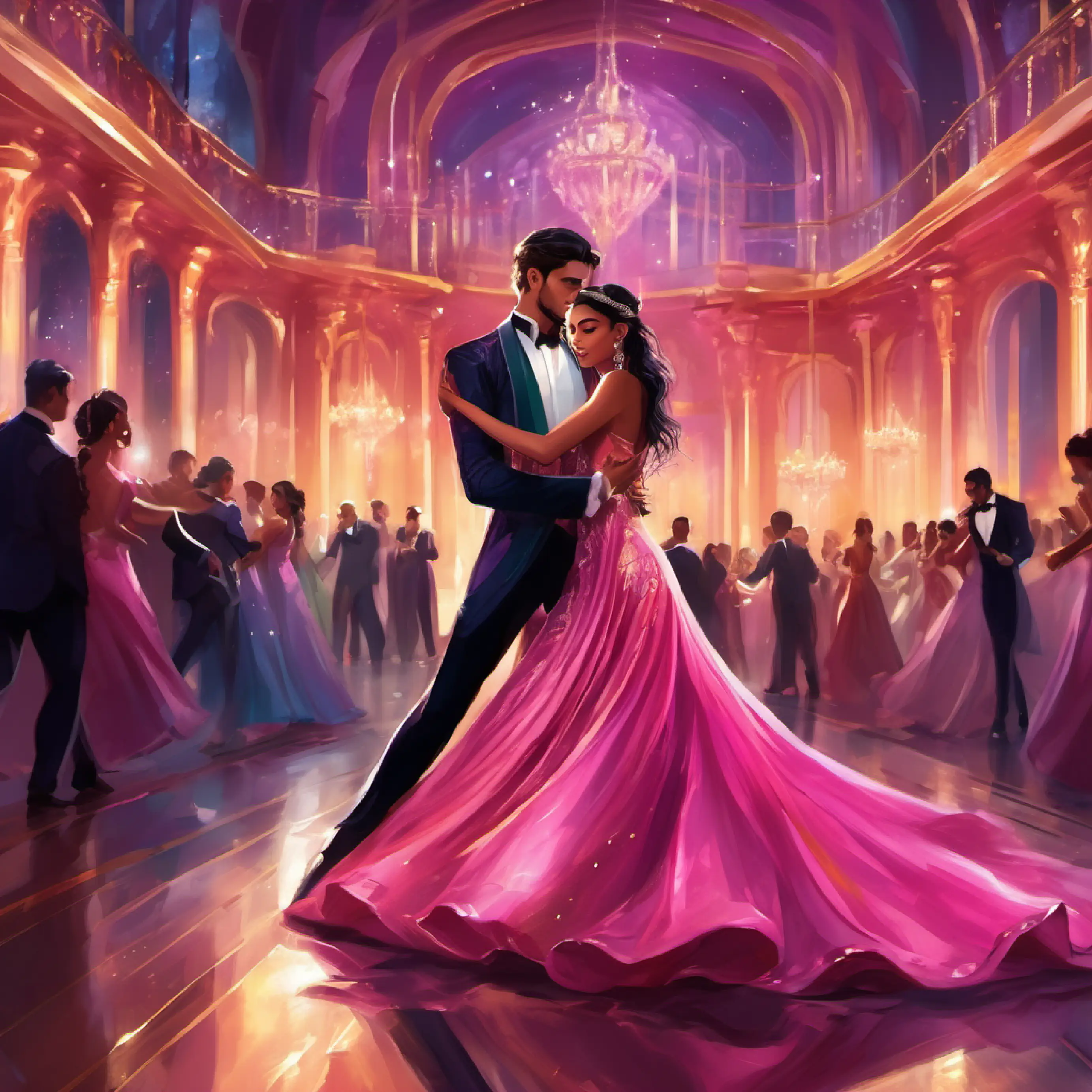 Riya in her dark pink shimmery gown dancing on a romantic song with Rohan wearing tuxedo  in the ballroom