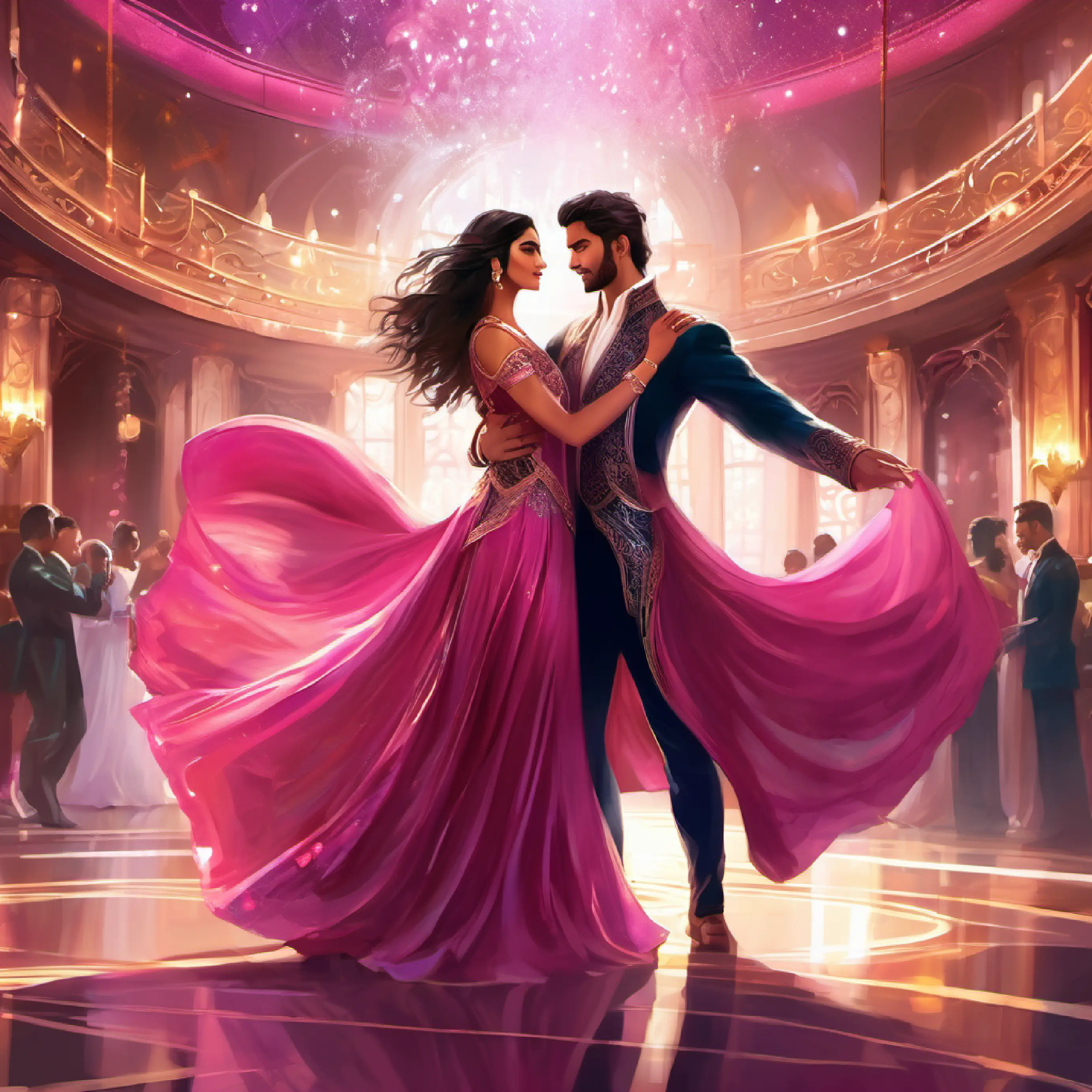 Rohan and Riya in her dark pink shimmery gown dancing  in the ballroom