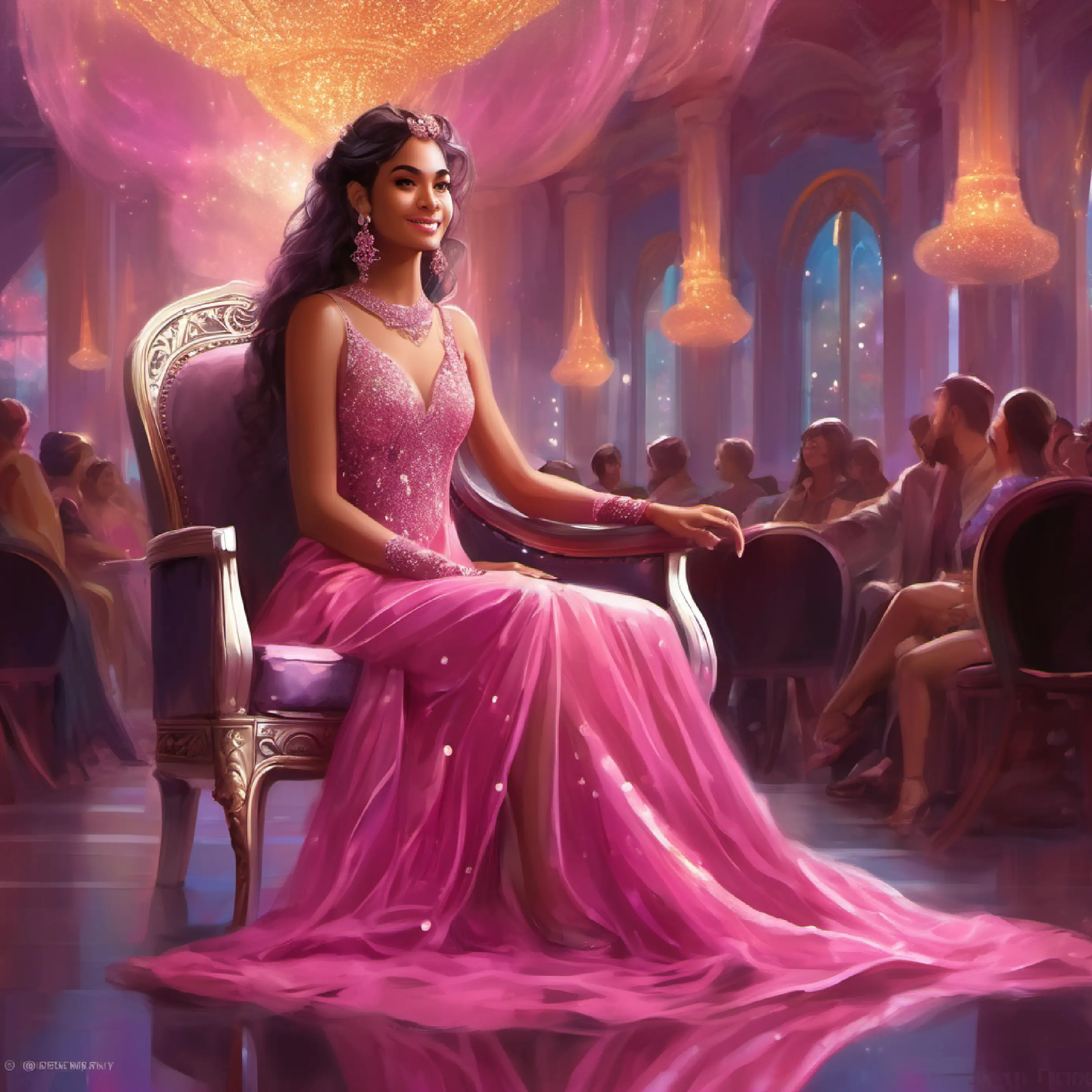 Riya smiling sitting on chair in her dark pink shimmery gown and silver sandals looking at people in ballroom