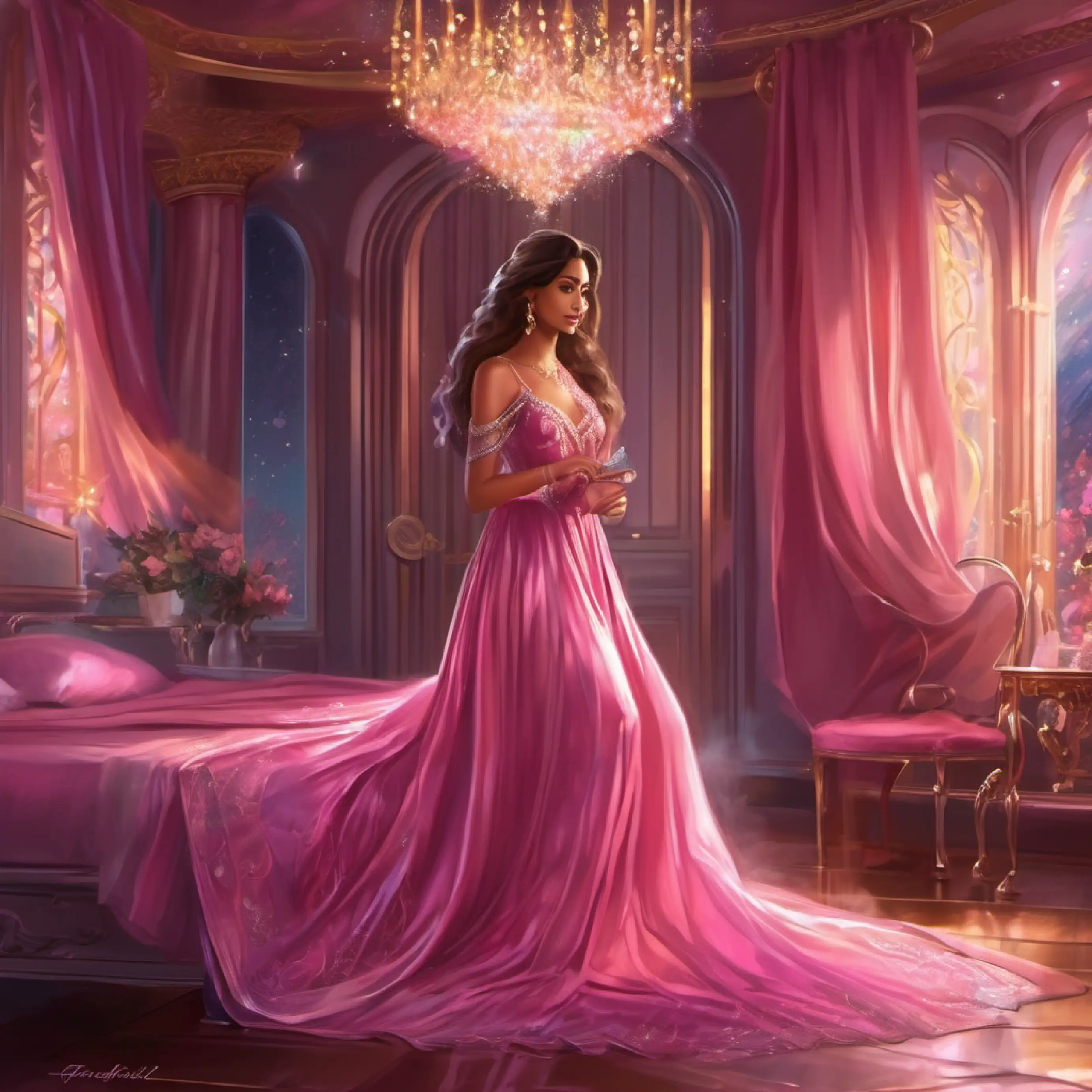 In her room Riya is in dark pink shimmery gown holding silver sandals very closely  to her chest