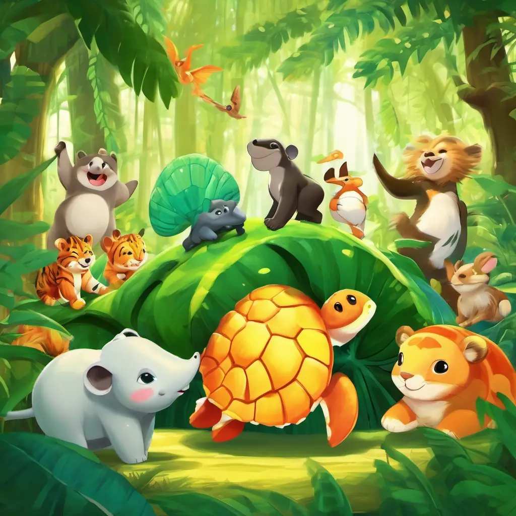 In the cheerful jungle, the green trees swayed happily, and the animals danced and played together. The Green shell, kind eyes, and slow smile sat in the center, surrounded by the other animals.