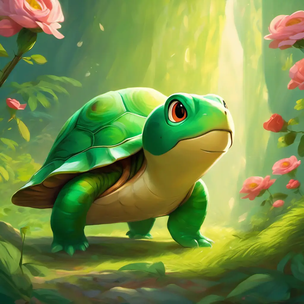 The Green shell, kind eyes, and slow smile rose on his hind legs, and with determination in his eyes, he shouted out his declaration. The other animals looked on with surprise and curiosity.
