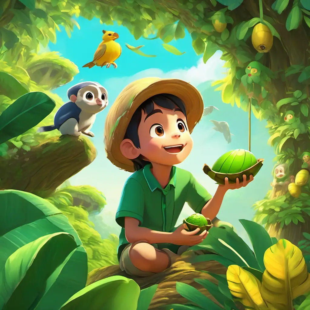 The Green shell, kind eyes, and slow smile was seen helping the monkeys find bananas and arranging the birds' nests. All the animals appeared happy and content under the Green shell, kind eyes, and slow smile's rule.