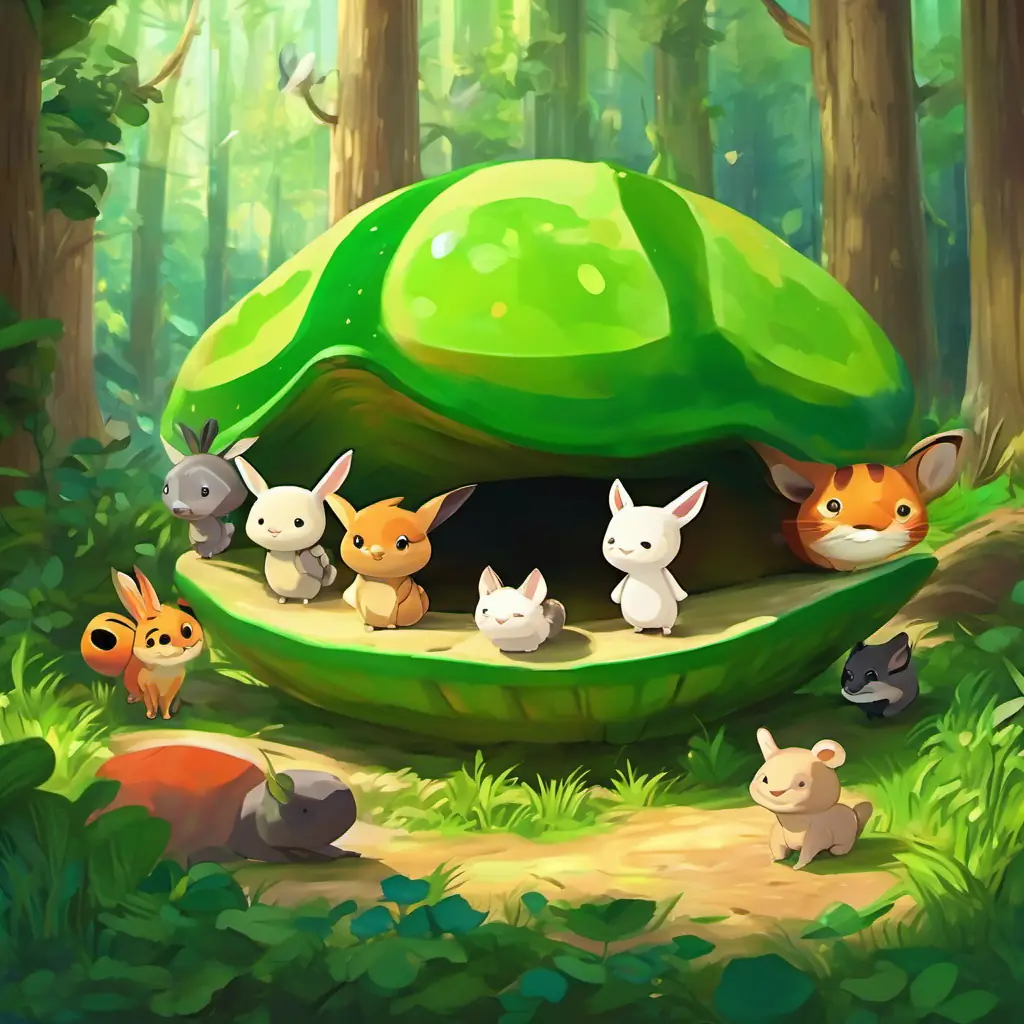 The other animals gathered around the Green shell, kind eyes, and slow smile and nodded in agreement, showing their appreciation for his kind and fair rule.