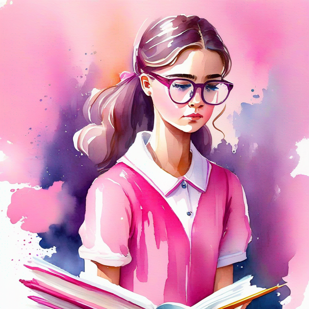 Bright and talented girl, wearing a pink dress and glasses feeling down, studying for exam, worried about failing
