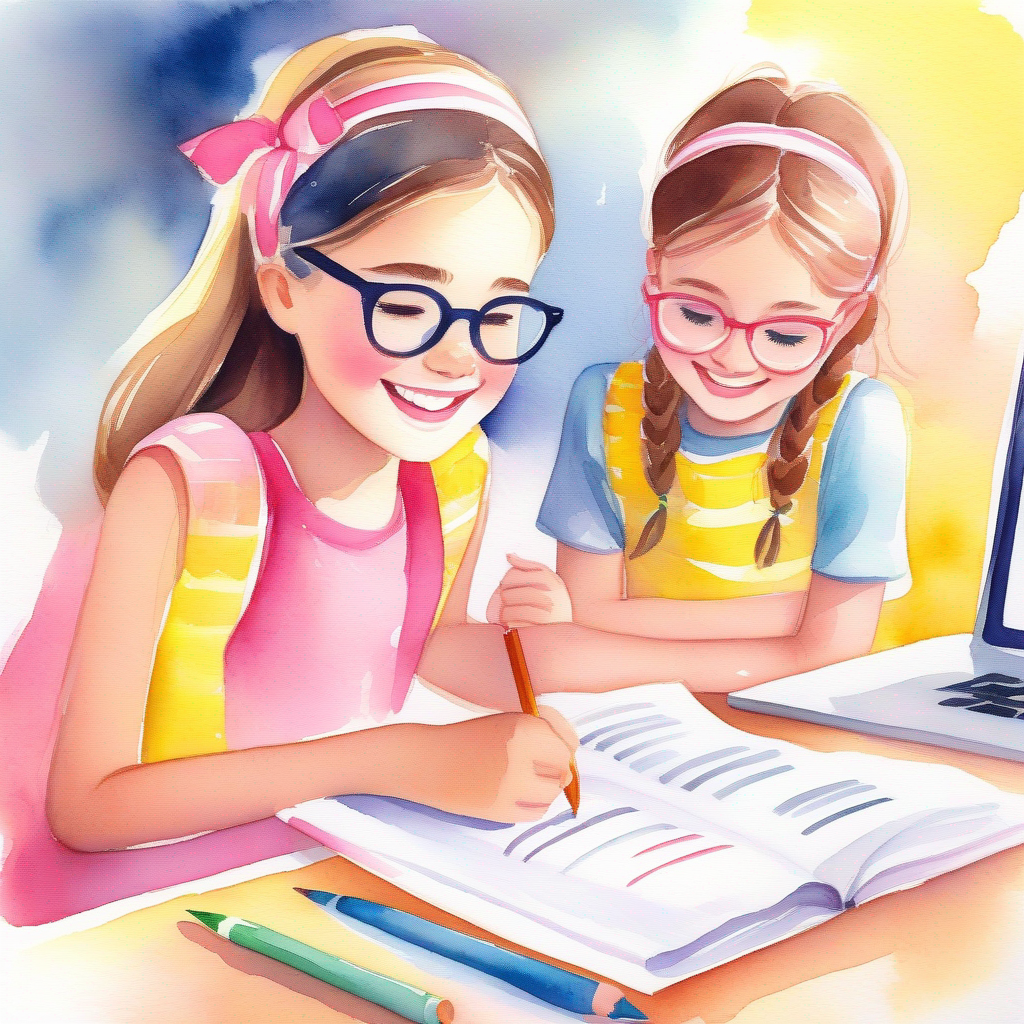 Cheerful and supportive friend, with a yellow headband and a vibrant smile noticing Bright and talented girl, wearing a pink dress and glasses's sadness, helping with study plan