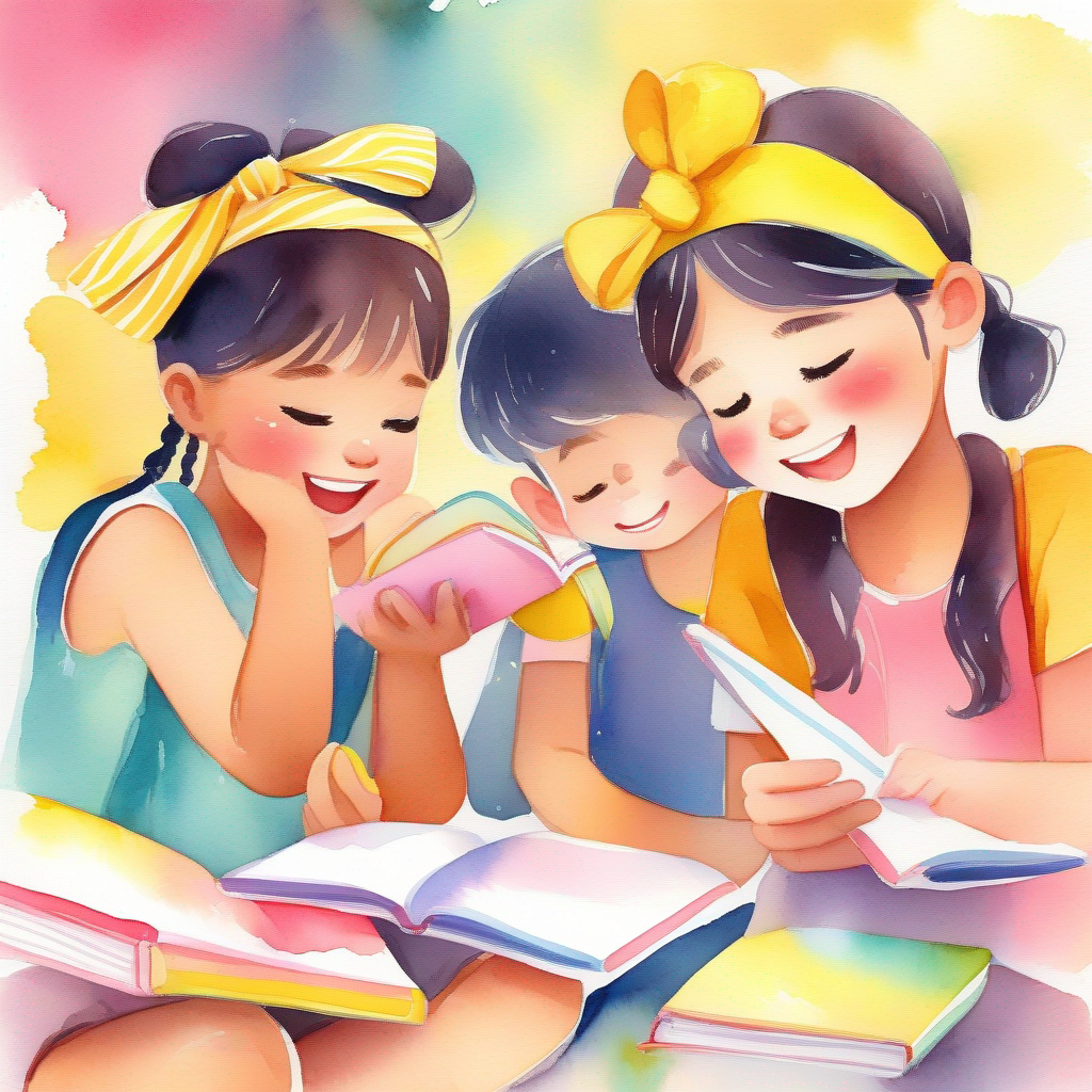 Studying together, interactive quizzes, colorful flashcards, Cheerful and supportive friend, with a yellow headband and a vibrant smile's encouragement