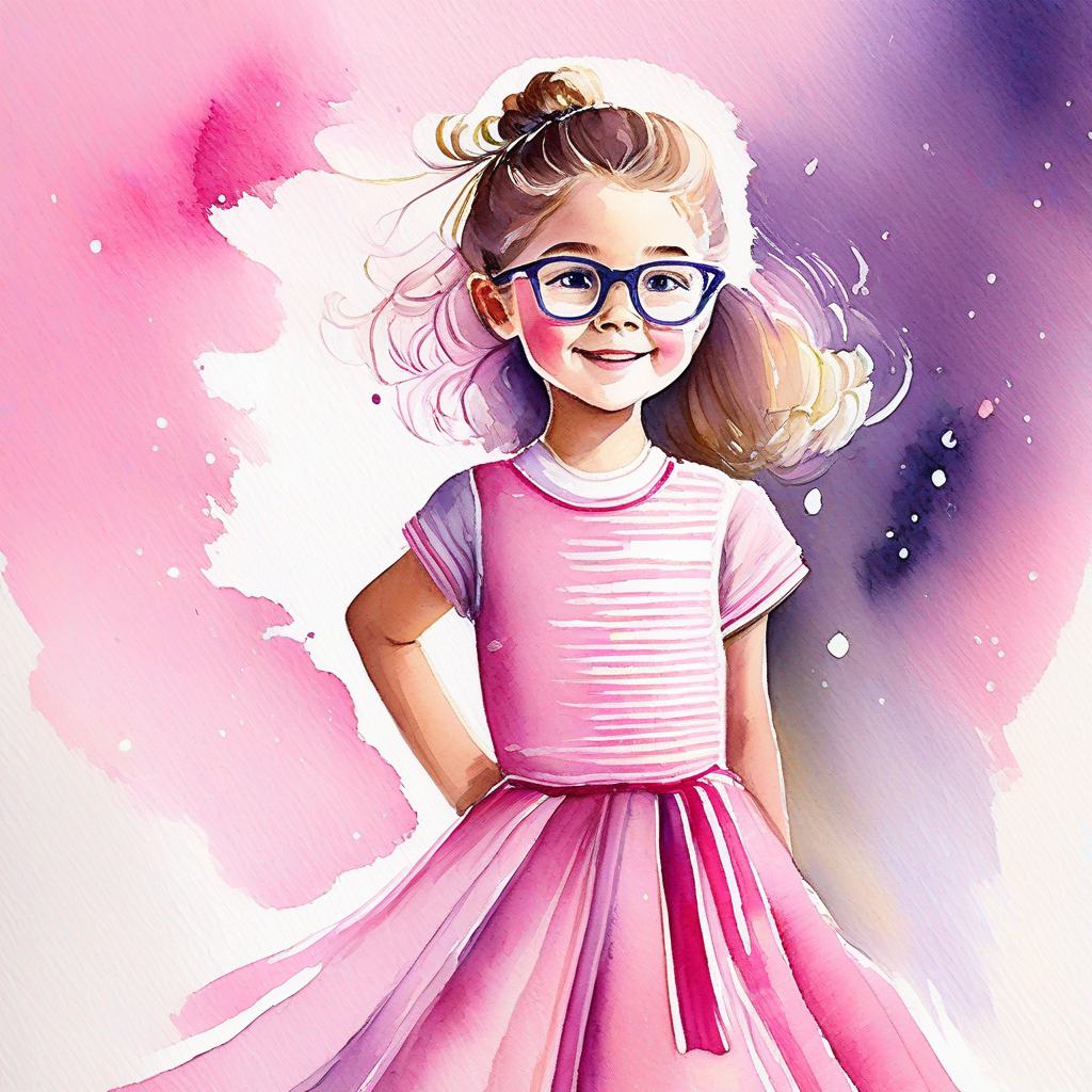 Bright and talented girl, wearing a pink dress and glasses's growing confidence, belief in herself, excitement for exam