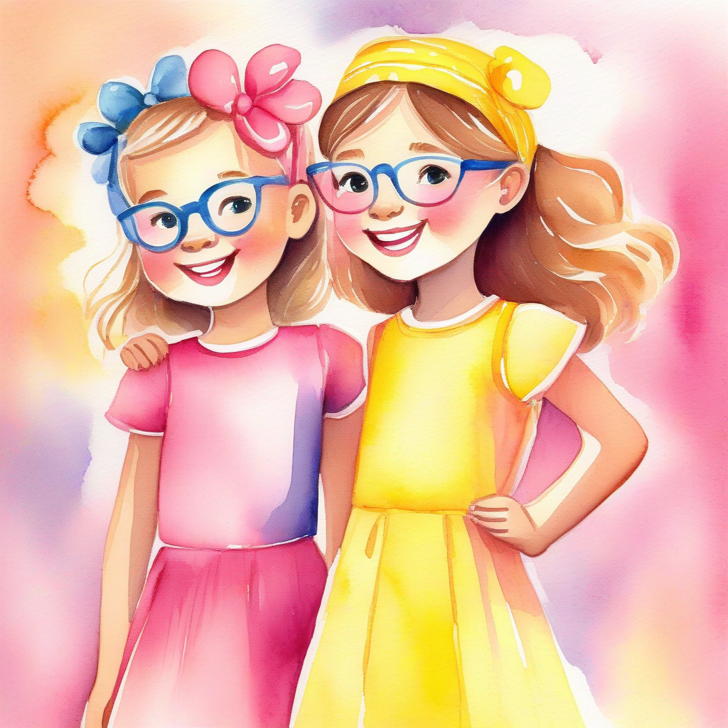 Bright and talented girl, wearing a pink dress and glasses and Cheerful and supportive friend, with a yellow headband and a vibrant smile encouraging each other, Maya's realization about positive communication