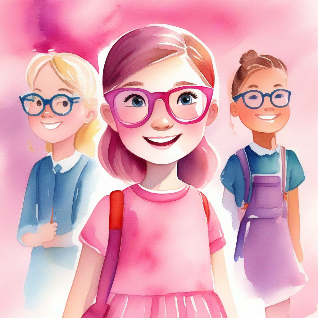 Bright and talented girl, wearing a pink dress and glasses spreading positivity, supporting classmates, creating a motivating classroom