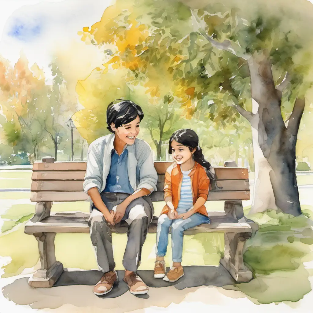 Curious child with black hair, brown eyes, and a big smile and the old man sitting on a bench in a sunny park