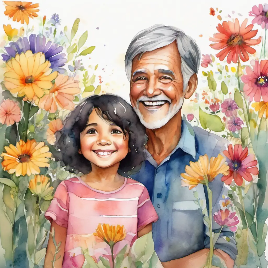 Curious child with black hair, brown eyes, and a big smile and the old man with big smiles, surrounded by colorful flowers