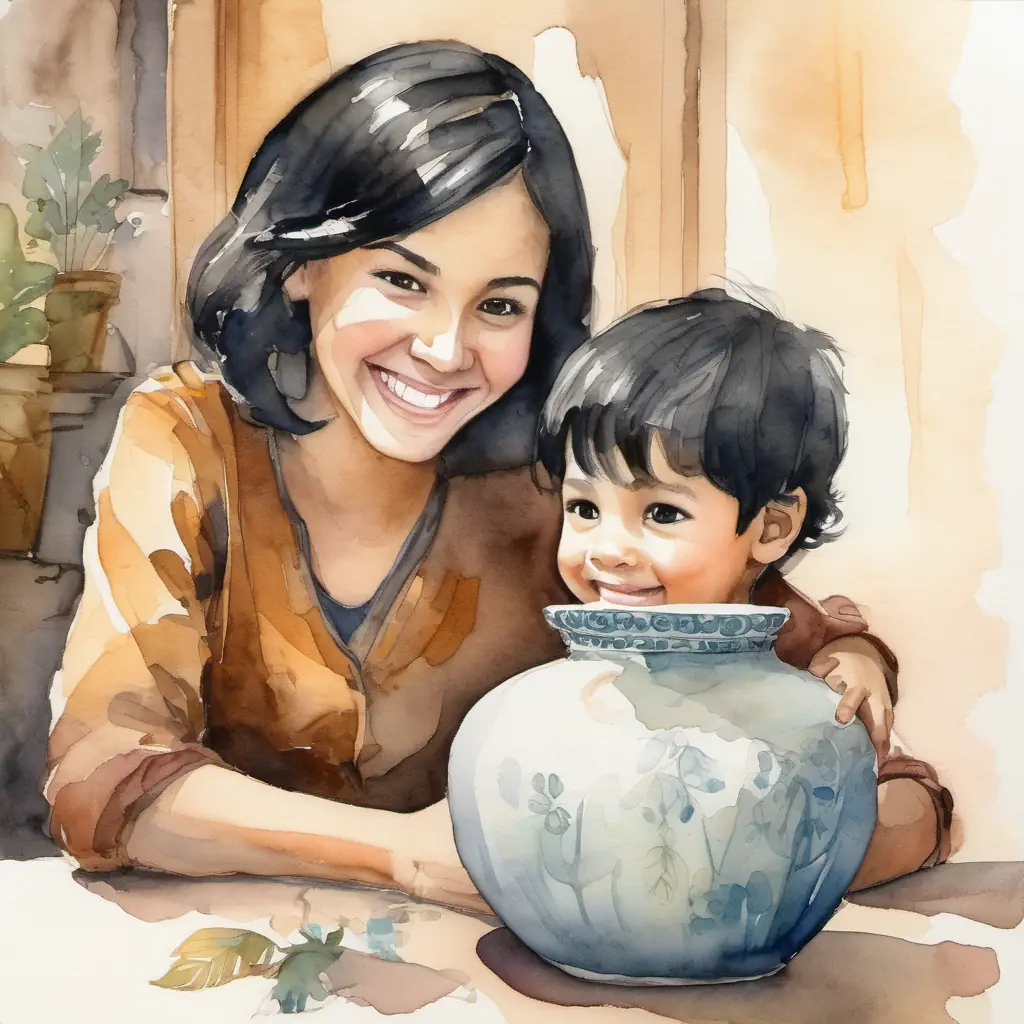 Curious child with black hair, brown eyes, and a big smile holding a broken vase in front of his smiling mother