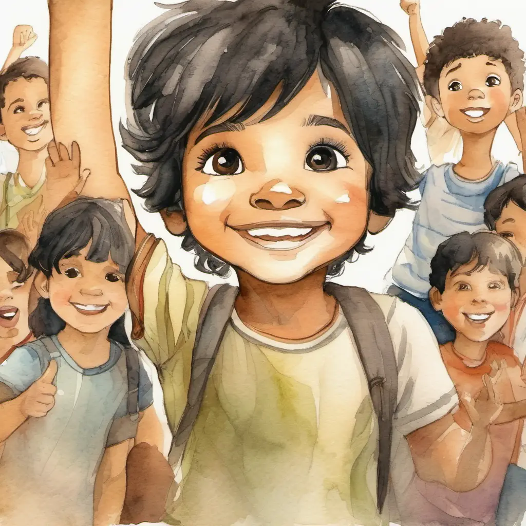 Curious child with black hair, brown eyes, and a big smile and his friends with their hands raised, making a promise