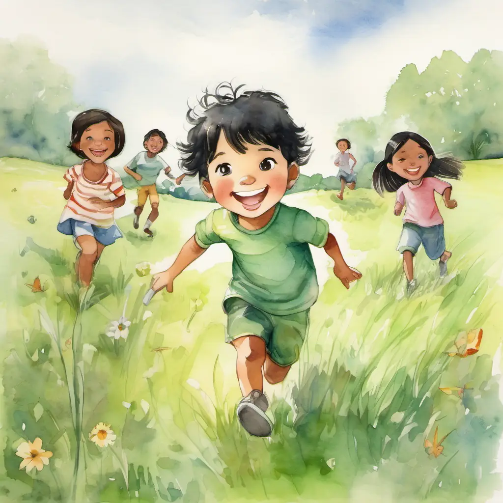 Curious child with black hair, brown eyes, and a big smile and his friends playing in a green meadow