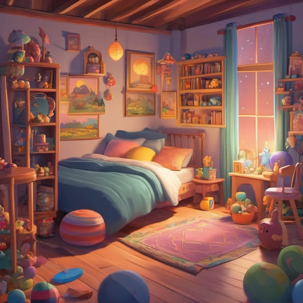 A cozy bedroom filled with various colorful toys coming to life under the moonlight.