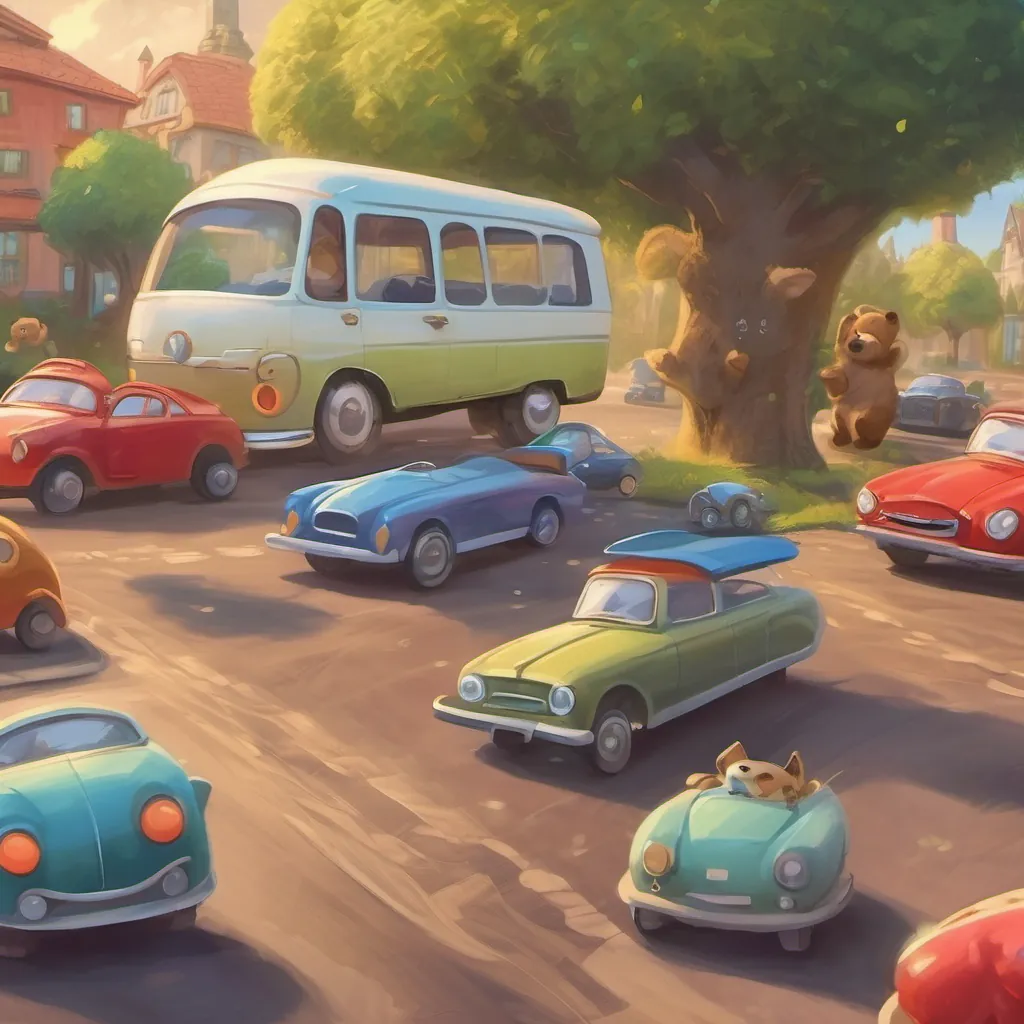 A plush teddy bear and vibrant toy cars; the teddy bear looks excited and the cars are zooming around.