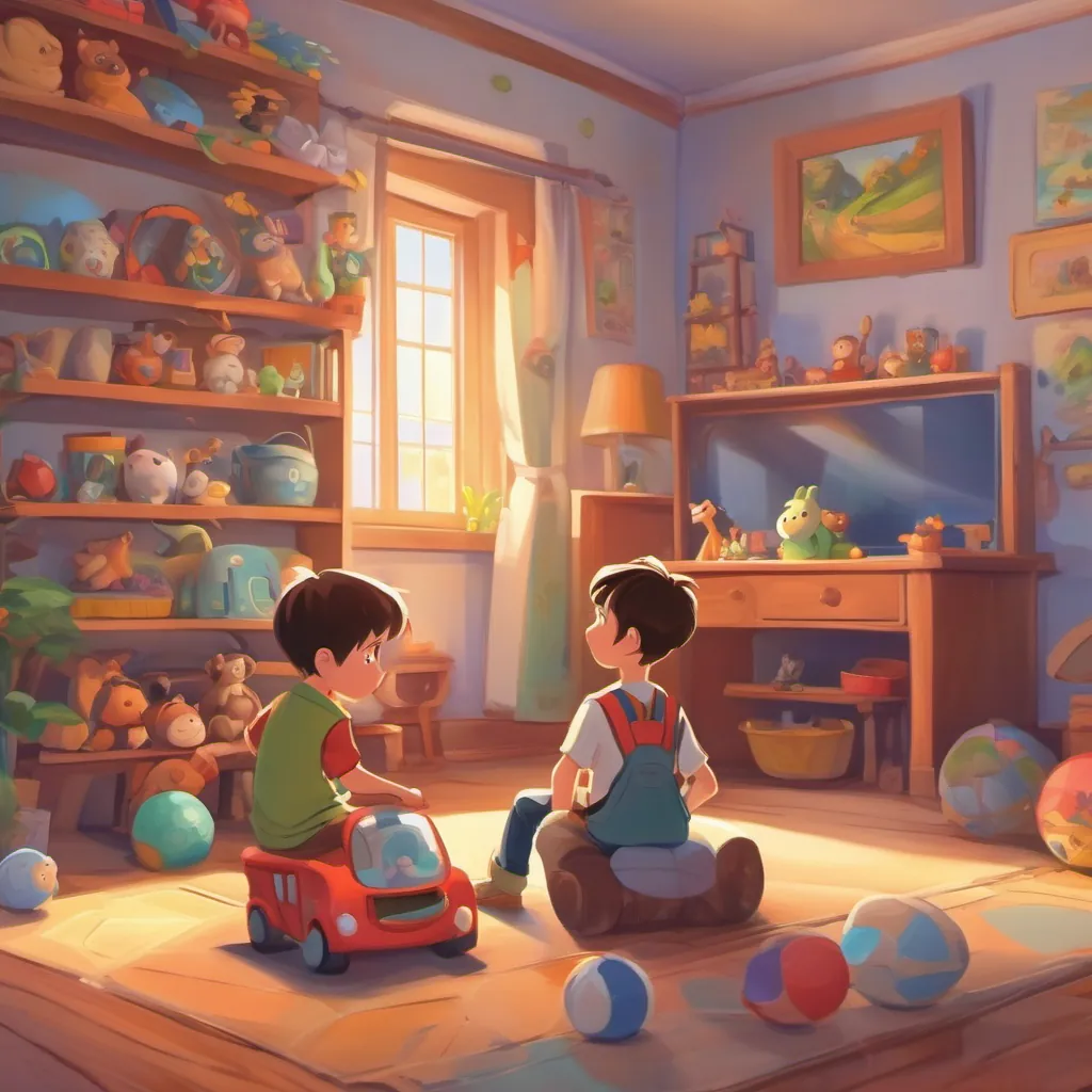 Toys resting in their places, with a boy entering the room, joyful on seeing his toys once again.