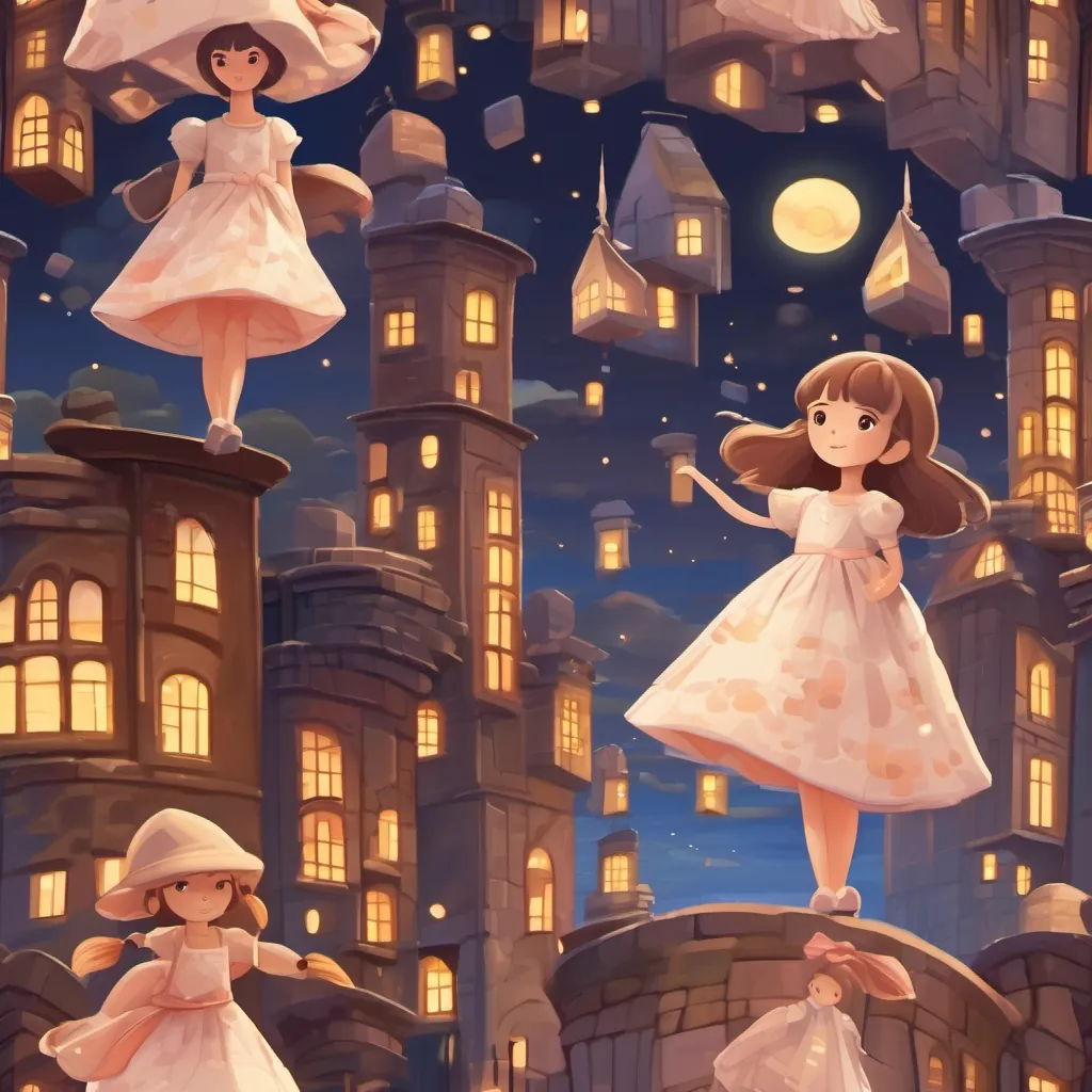 A pretty doll twirling in her dress among towering blocks reaching towards the night sky.