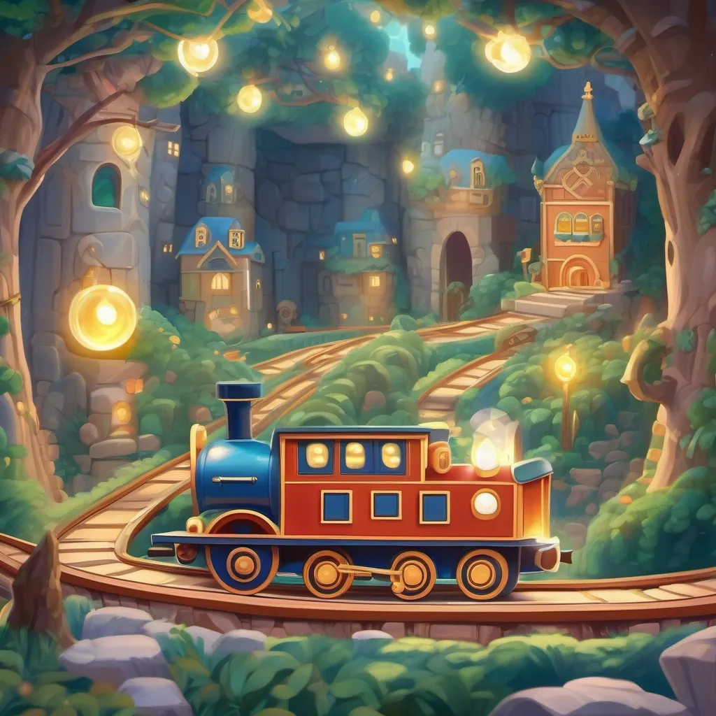 A toy train with jubilant eyes and a marble maze with glowing paths, looking magical and enchanting.