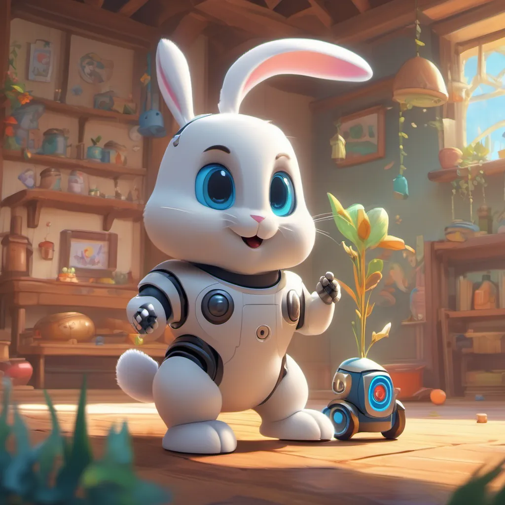 A bunny toy hopping around with an excited look, and a small robot with glowing eyes zooming forward.