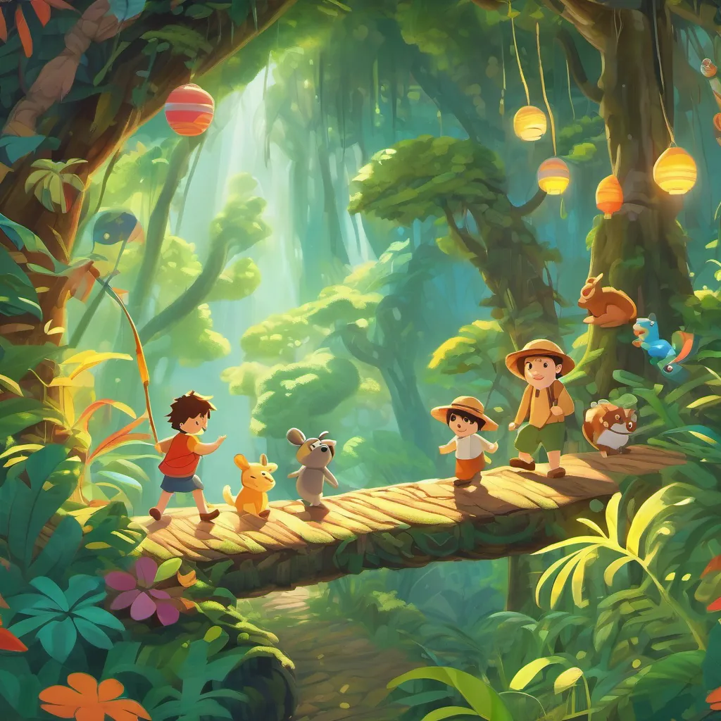 Toys dancing through beams of light and exploring a jungle made of yarn, exuding joy and enthusiasm.