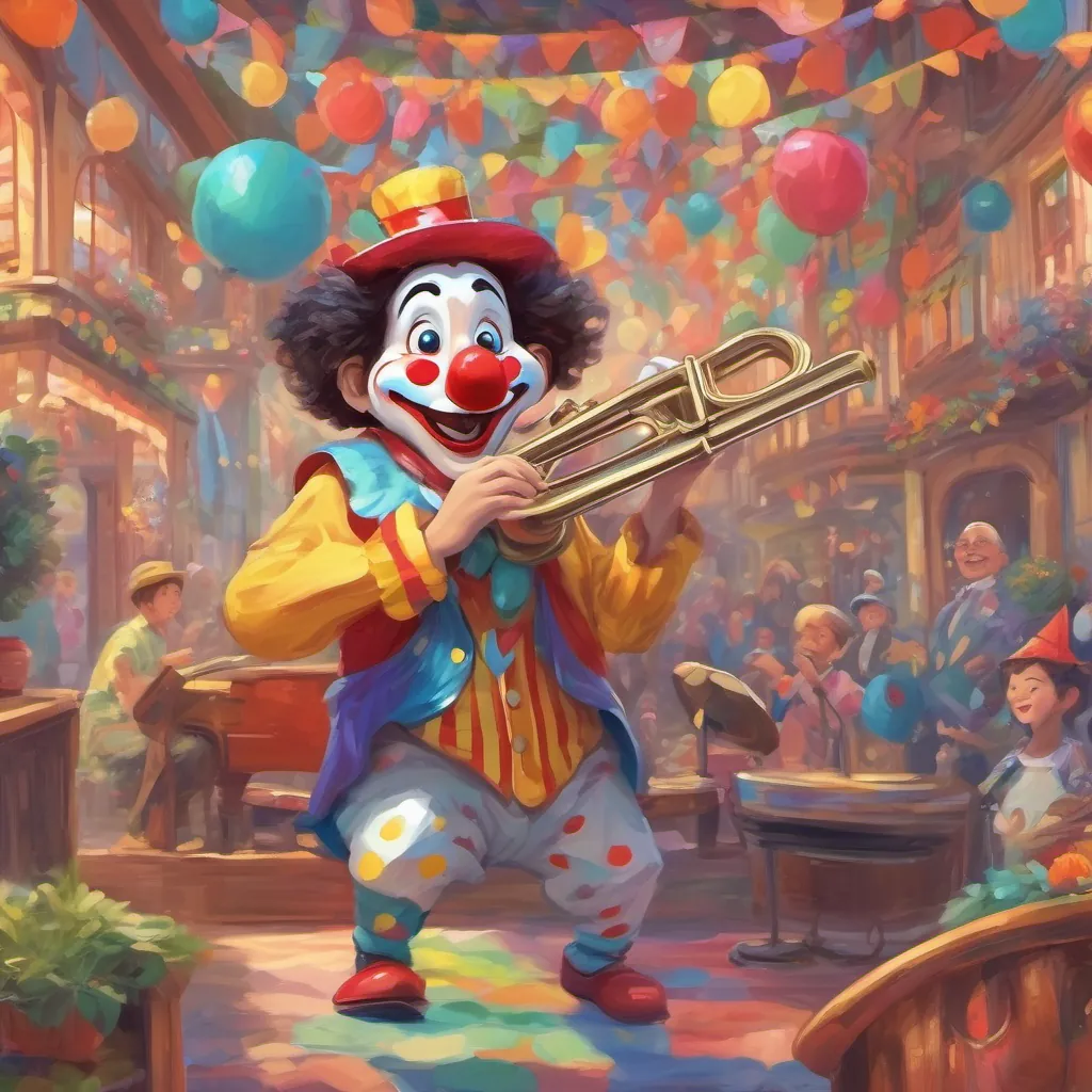 A kazoo playing joyful tunes and a clown in colorful attire laughing heartily.
