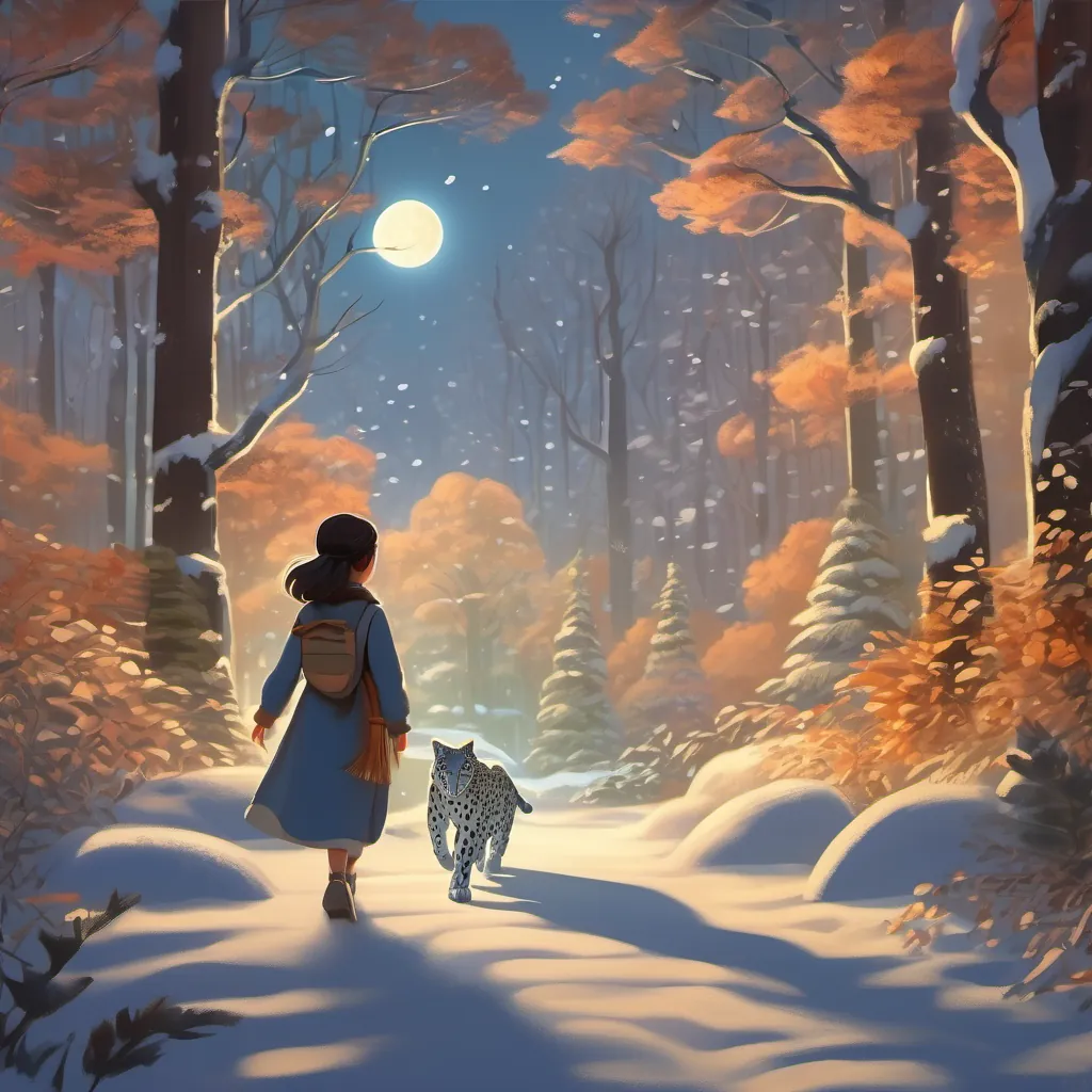 A dense forest with tall trees, a hidden glade illuminated by moonlight, with A young girl with a deep connection to nature, who can transform into a graceful snow leopard walking with a sense of wonder.