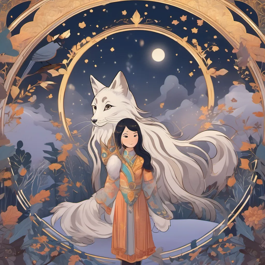 A dreamy illustration of A young girl with a deep connection to nature, who can transform into a graceful snow leopard and A whimsical fox with sparkling eyes and a playful spirit, who can transform into a raven, now in their respective transformed forms, looking at a majestic full moon.