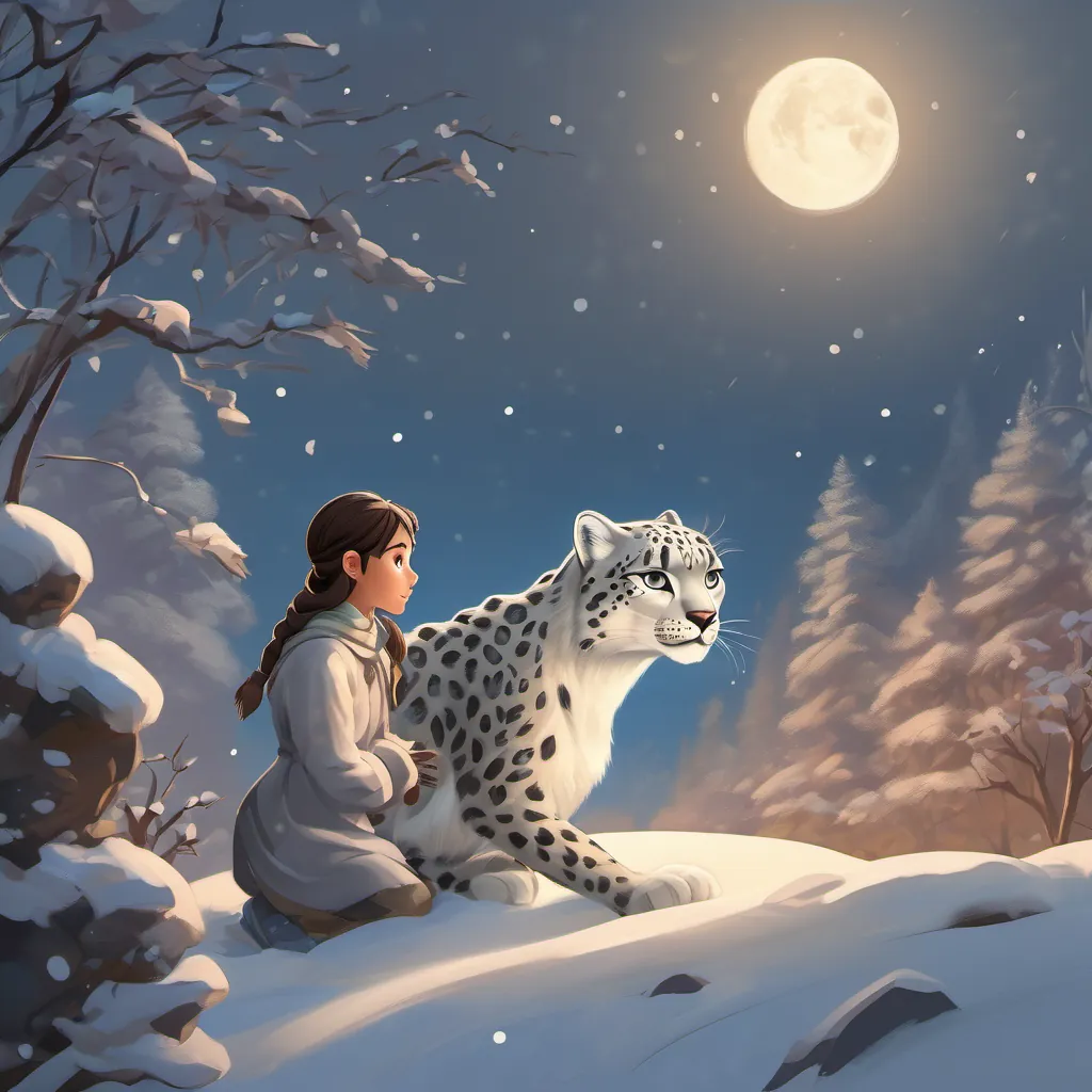 A magical scene where A young girl with a deep connection to nature, who can transform into a graceful snow leopard is transforming into a snow leopard under the moonlight.