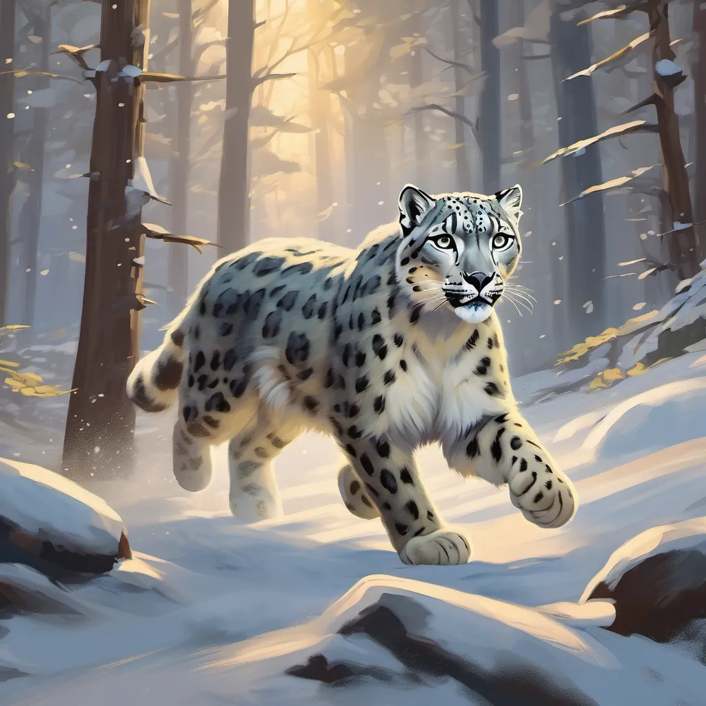 A dynamic scene of a snow leopard running through a dimly lit forest, full of energy and grace.