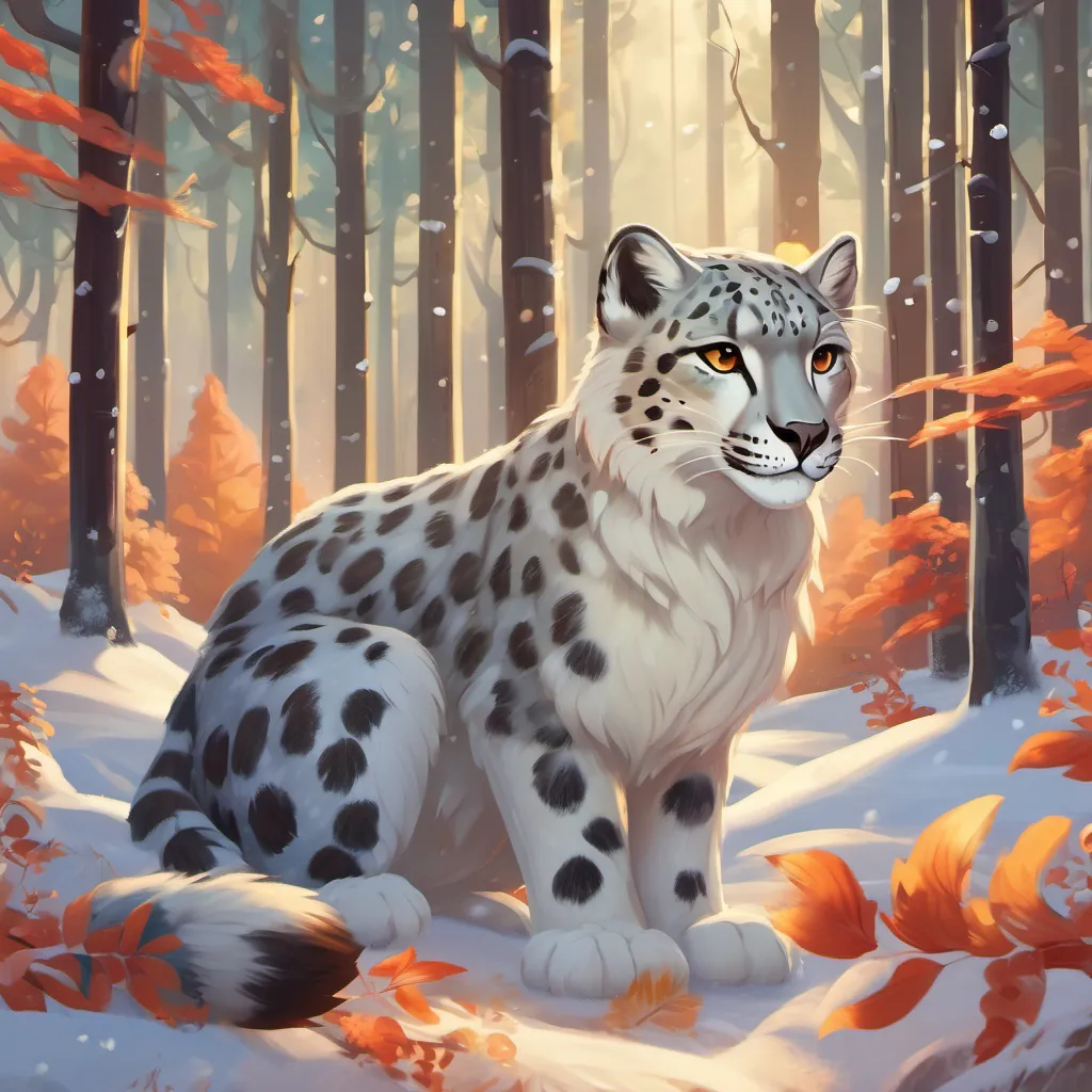 A playful encounter between a snow leopard and a charming fox with bright eyes in a forest glade.