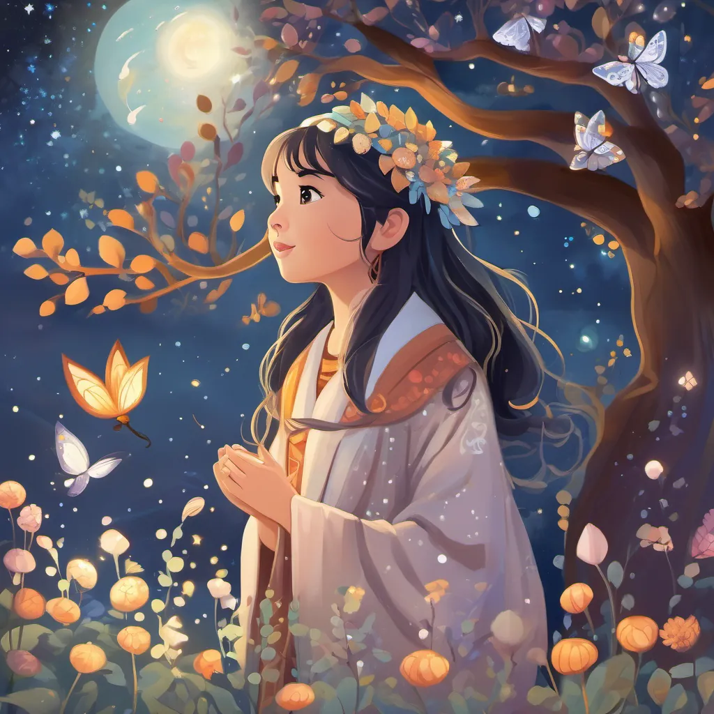 A young girl with a deep connection to nature, who can transform into a graceful snow leopard and A whimsical fox with sparkling eyes and a playful spirit, who can transform into a raven playing with fireflies near a bubbling creek, under the starry night sky.