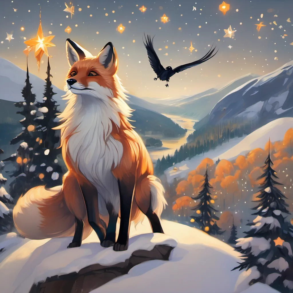 A whimsical fox with sparkling eyes and a playful spirit, who can transform into a raven transforming into a raven while A young girl with a deep connection to nature, who can transform into a graceful snow leopard watches in awe, with stars twinkling above.