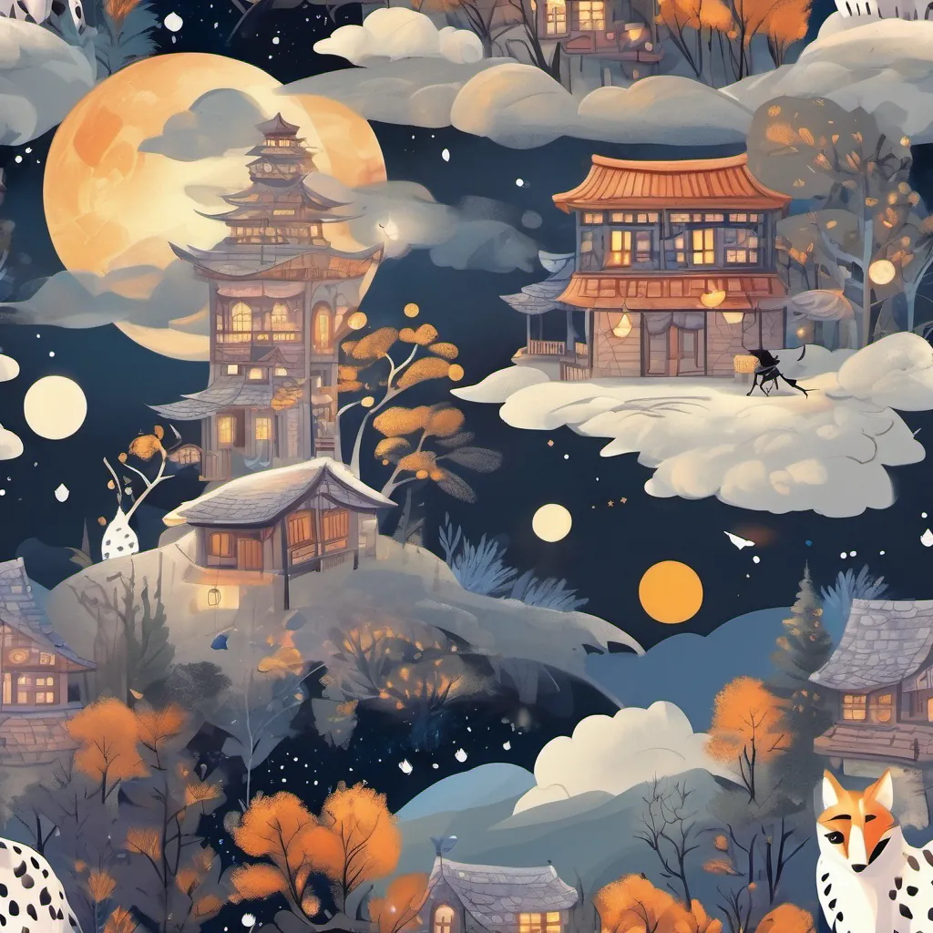 A young girl with a deep connection to nature, who can transform into a graceful snow leopard and A whimsical fox with sparkling eyes and a playful spirit, who can transform into a raven as a raven flying over a village and forests, with constellations forming around them in the night sky.