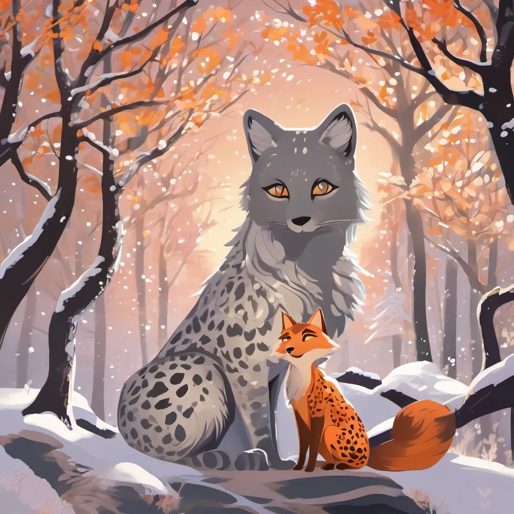 A young girl with a deep connection to nature, who can transform into a graceful snow leopard and A whimsical fox with sparkling eyes and a playful spirit, who can transform into a raven returning to the hidden glade, with the first light of dawn breaking through the trees.