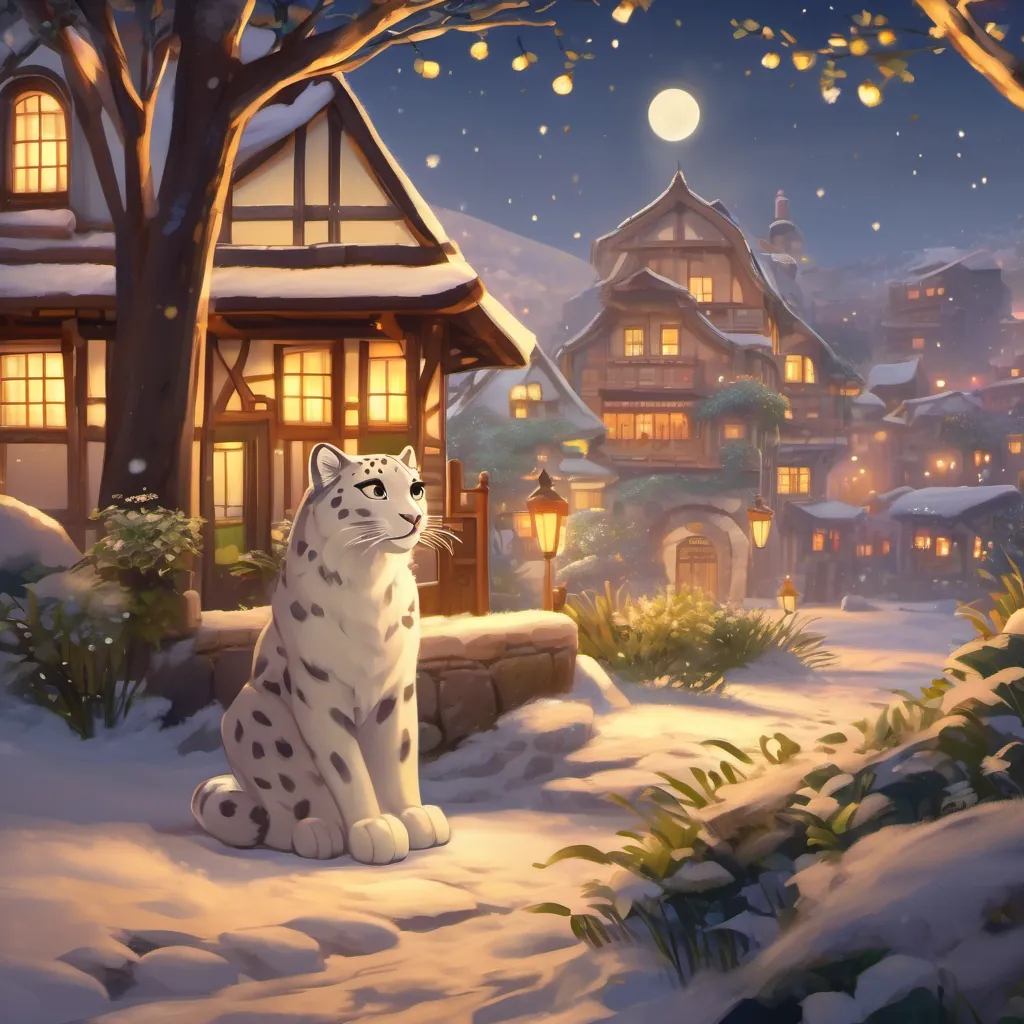 A young girl with a deep connection to nature, who can transform into a graceful snow leopard back in her quaint village, with a serene and satisfied smile, holding the magic of the night in her heart.